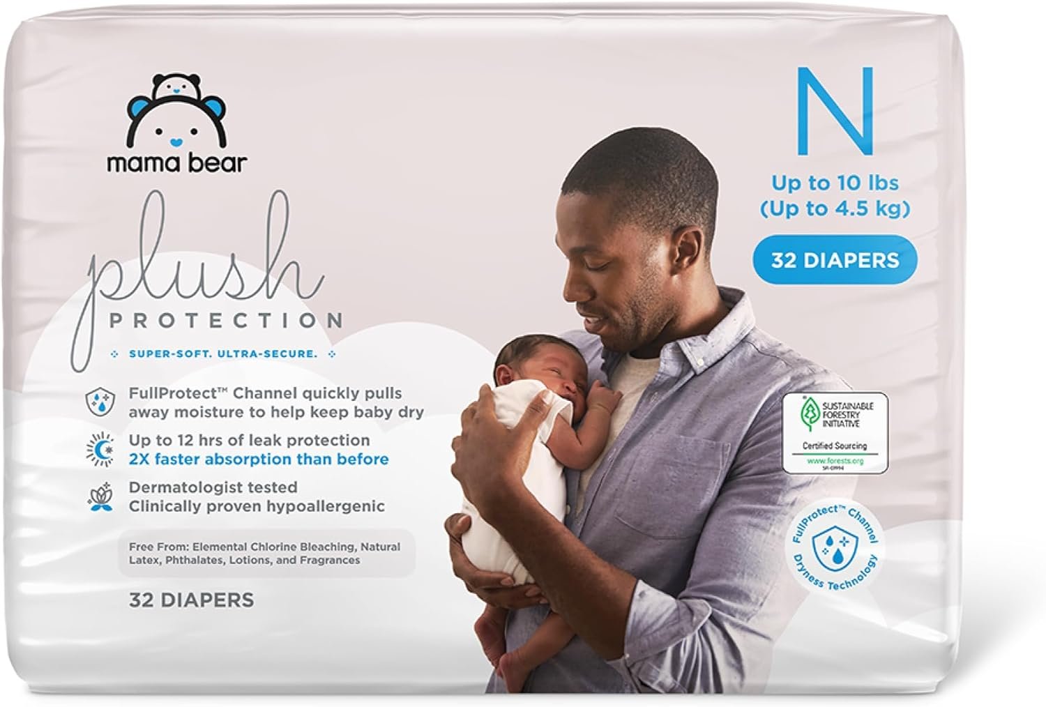 Amazon Brand – Mama Bear Plush Protection Diapers, Keeps Baby Dry, Skin Safe, Leakproof, Size Newborn, 32 Count, Hypoallergenic Premium Disposable Baby Diapers, White and Cloud Dreams