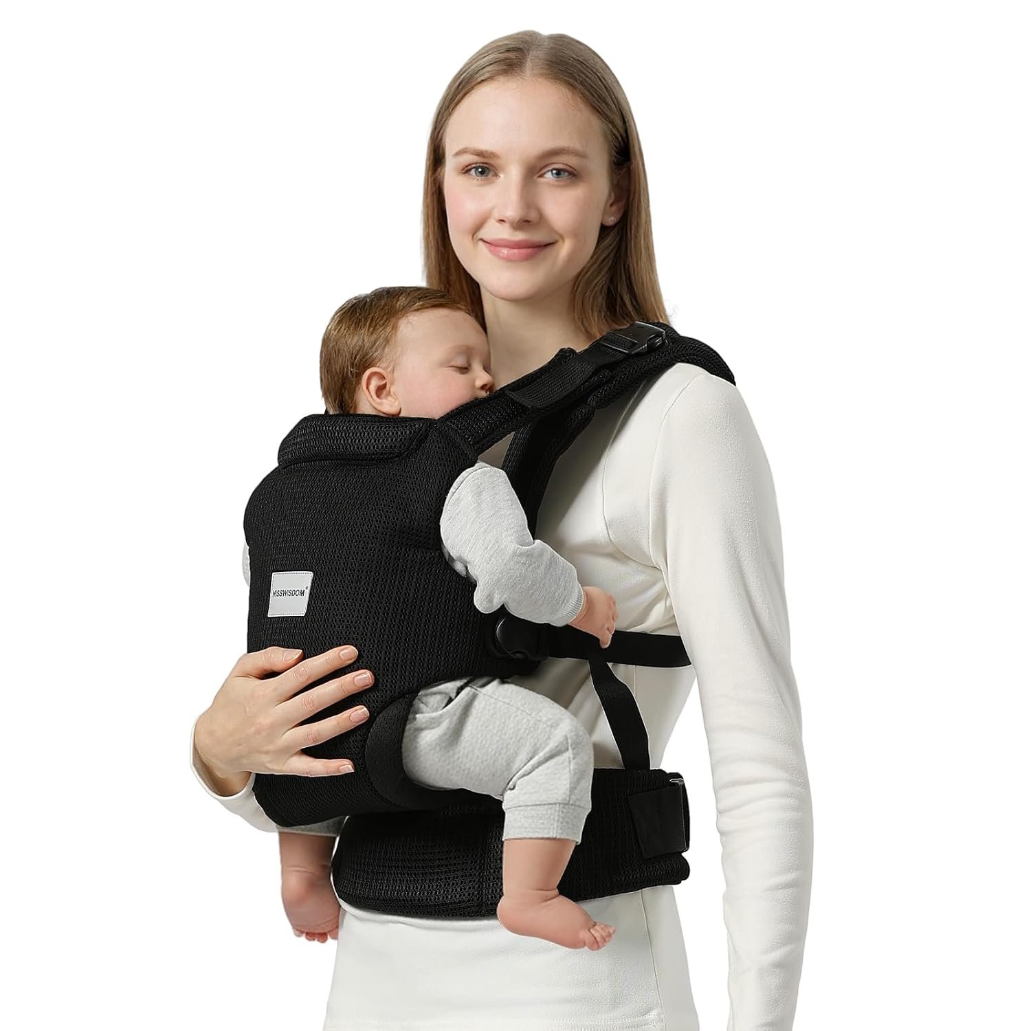MISSWISDOM Baby Carrier Newborn to Toddler, Easy Adjustable Toddler Carrier for 7-30lbs, Baby Holder Wrap Carrier, Breathable Mesh Fabric Infant Kangaroo Hip Carriers with Lumbar Support, Black