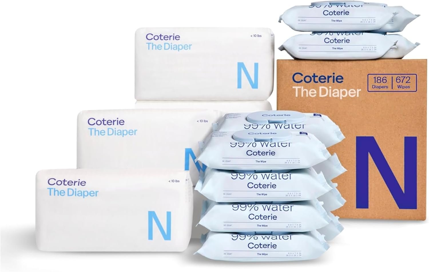 Coterie Baby Wipes + Diapers Kit, Size Newborn Diapers (186 Count) & 12 Pack (672 Count) Baby Wipes with 99% Water, Plant Based Materials, Hypoallergenic for Sensitive Skin