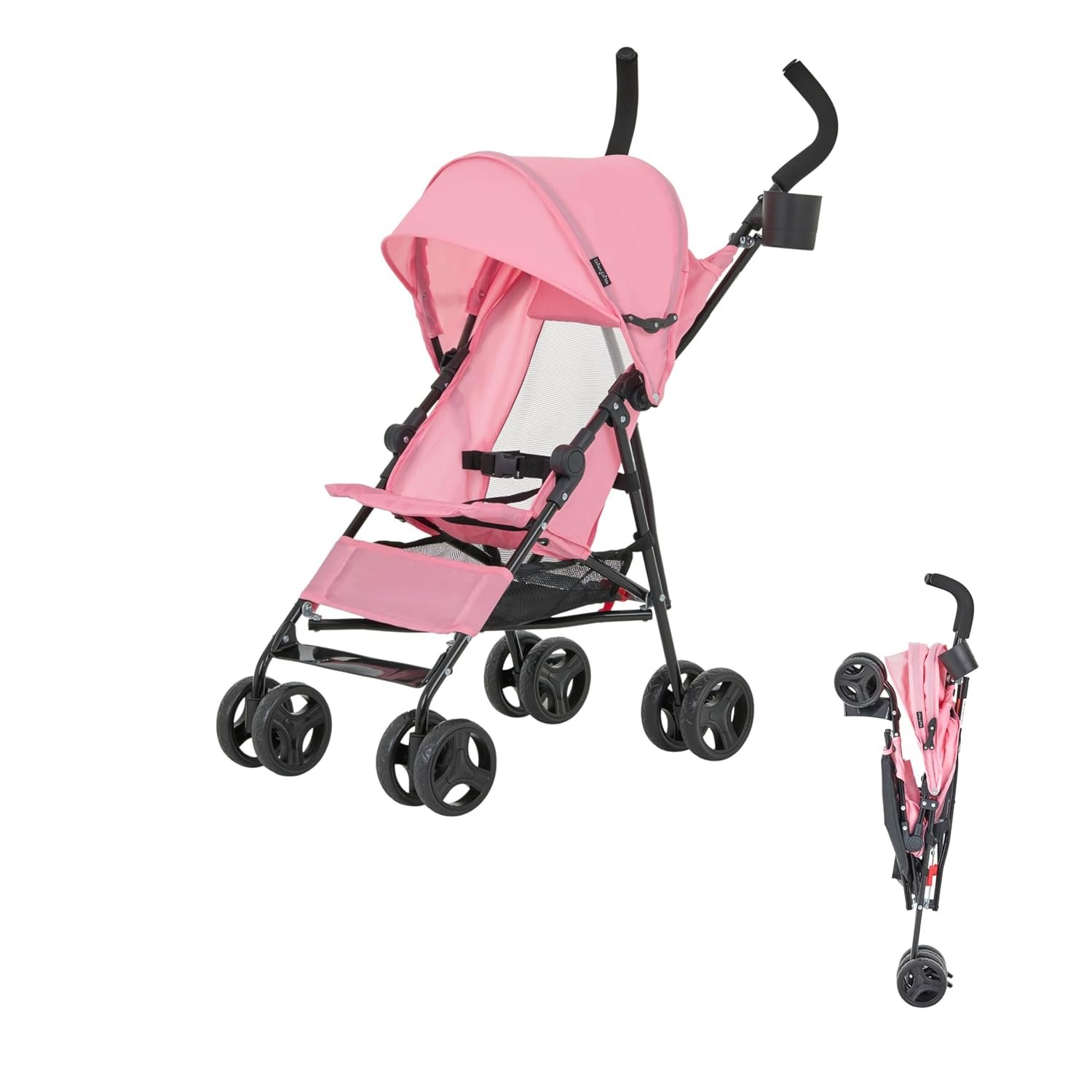 Dream On Me Rover Convenience Baby Stroller – Lightweight & Compact Travel Umbrella Stroller, Quick One-Hand Fold, Lockable Rear Wheels, Adjustable Canopy, 3-Point Safety Harness & Cup Holder – Pink