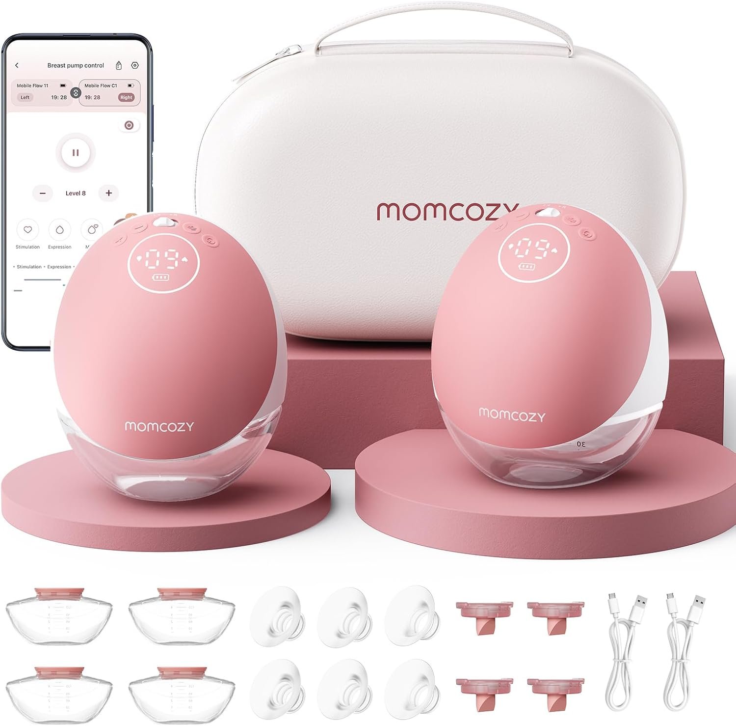 Momcozy Breast Pump Hands Free Upgraded Mobile Flow | M9, App Discreet Control with Personalized Multi-Modes & 15 Levels, Wearable Breast Pump 24mm, 2 Pack Cozy Red