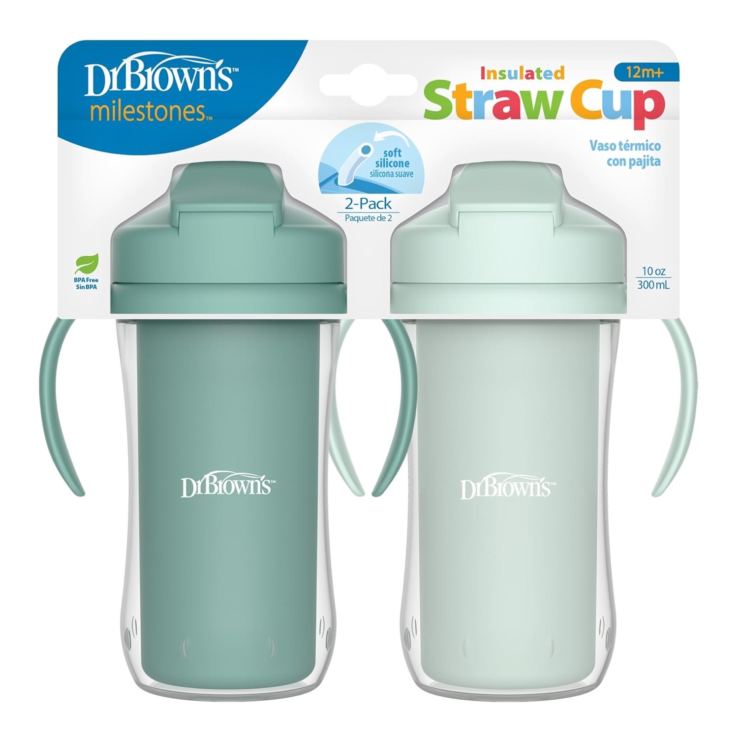 Dr. Brown’s Milestones Insulated Sippy Cup with Straw and Handles, Spill-Proof Tumbler with Lid, 2-Pack, Green, 10 oz/300 mL, BPA Free, 12m+