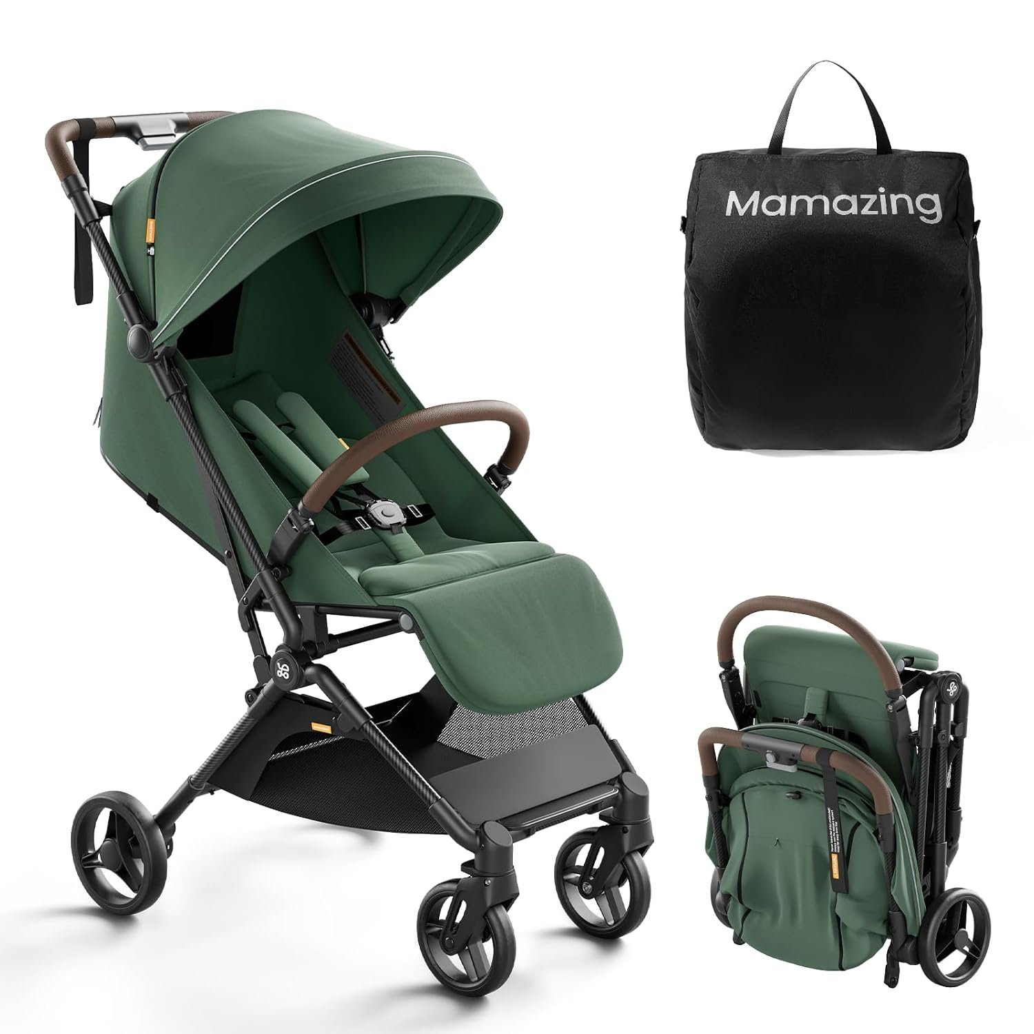 MAMAZING Ultra Air Lightweight Baby Travel Stroller with Carbon Fiber Frame, Compact & Airplane-Friendly, One-Handed Fold, 11.6 lbs, Perfect for Toddlers, Green