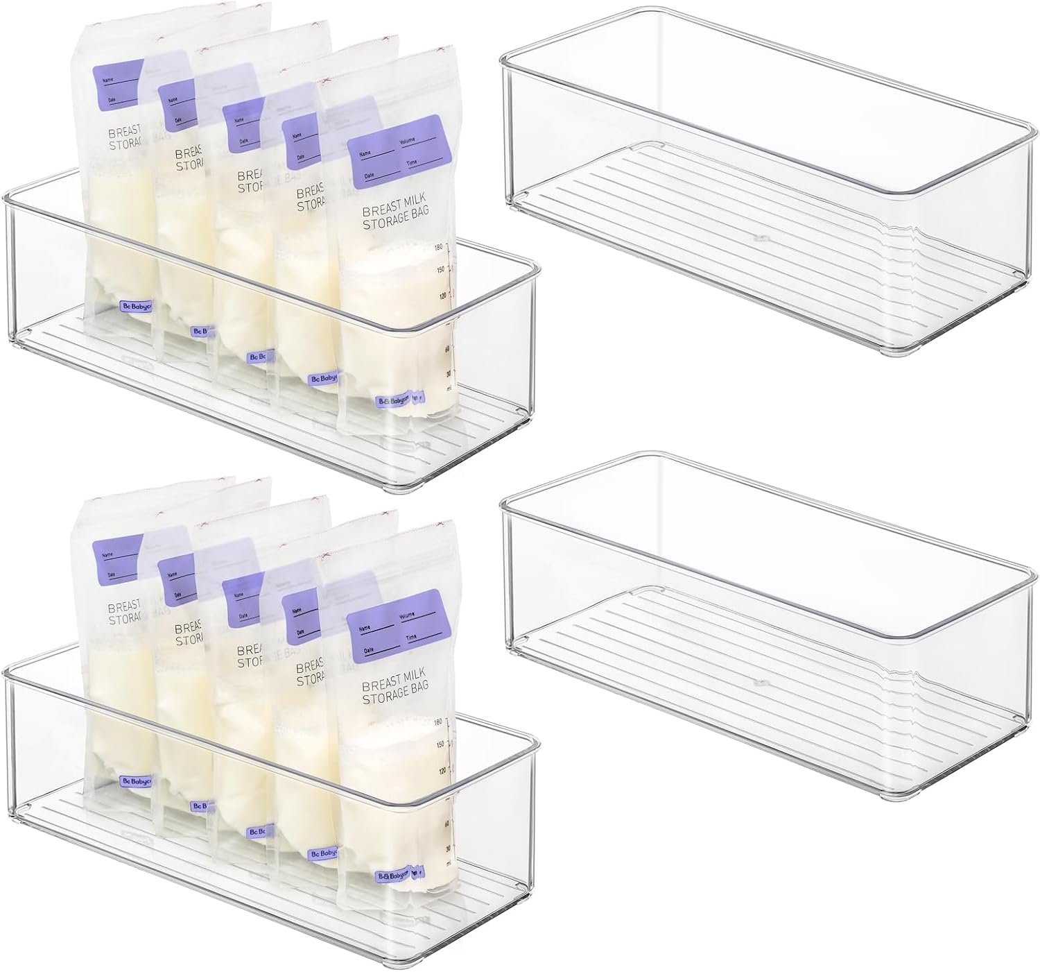 Hudgan 4 Pcs Storage Container Breastmilk for Fridge, Clear Organizer Bins for Milk Bags, Plastic Storage Bins for Freezer,Pantry, Bottles Bathroom, Vanity, Drawer and Yogurts,4.4″ Wide