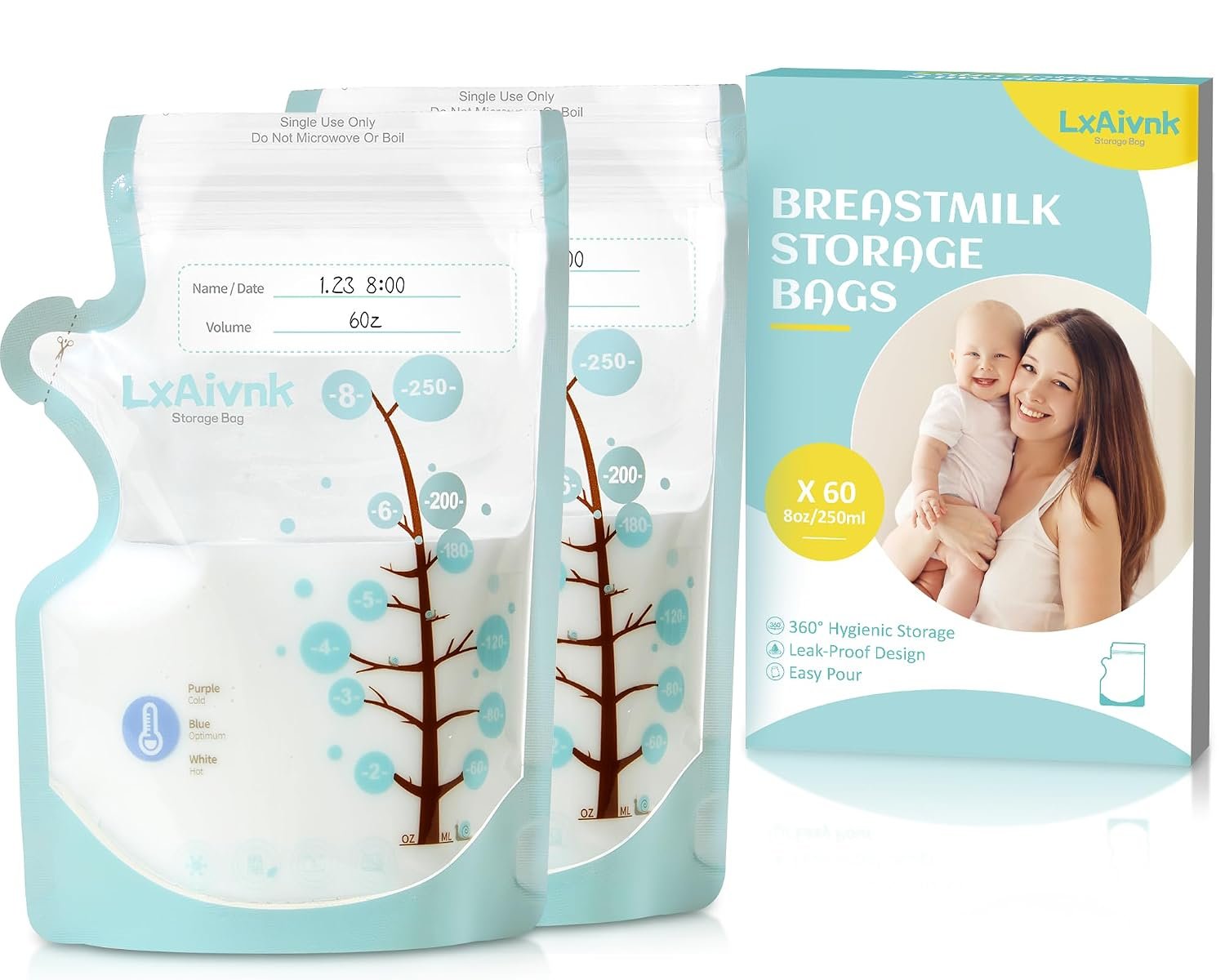 Temp-Sensing Breastmilk Storage Bag – 8oz(60Pcs), Temp-Sensing Icon & No Leak Locking Clamp, Strength Thin Design, for Breastfeeding, Suitable for Freezer