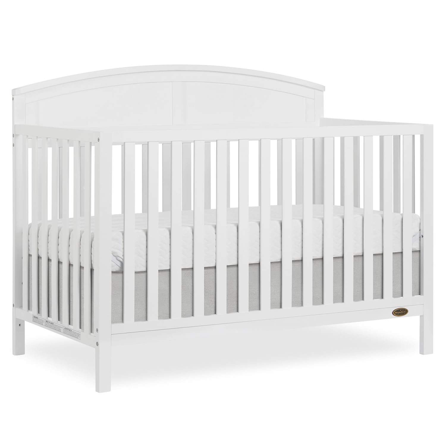 Dream On Me Storybrooke 5-in-1 Convertible Full-Size Baby Crib, GreenGuard Gold & BSA Certified, Convert to Toddler, Day & Full-Size Bed Sustainable Pinewood, 3 Mattress Height Settings – White