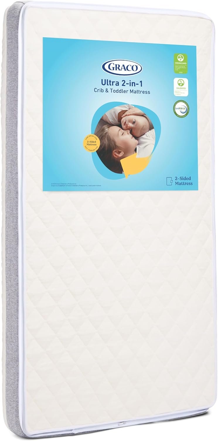 Graco Ultra 2-in-1 Premium Dual Sided Crib & Toddler Mattress – GREENGUARD Gold, CertiPUR-US Certified Foam, Machine Washable Cover with 100% Waterproof Surface, Fits Standard Crib & Toddler Beds