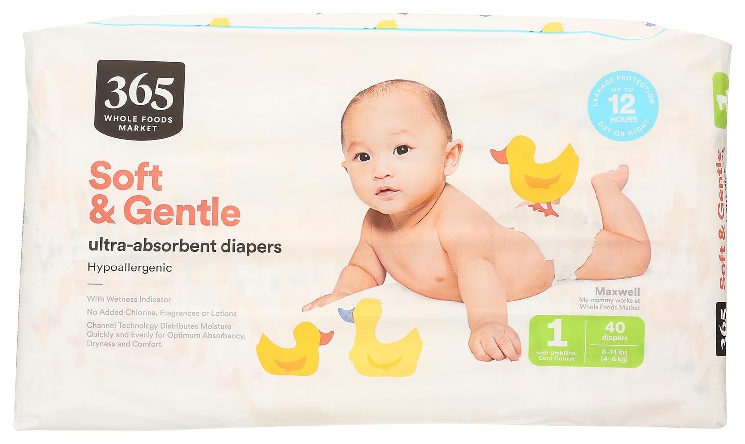 365 by Whole Foods Market, Soft & Gentle Size 1 Diapers with Wetness Indicator, Ultra-Absorbent, Hypo-Allergenic, Ultra-Absorbent, 40 Count