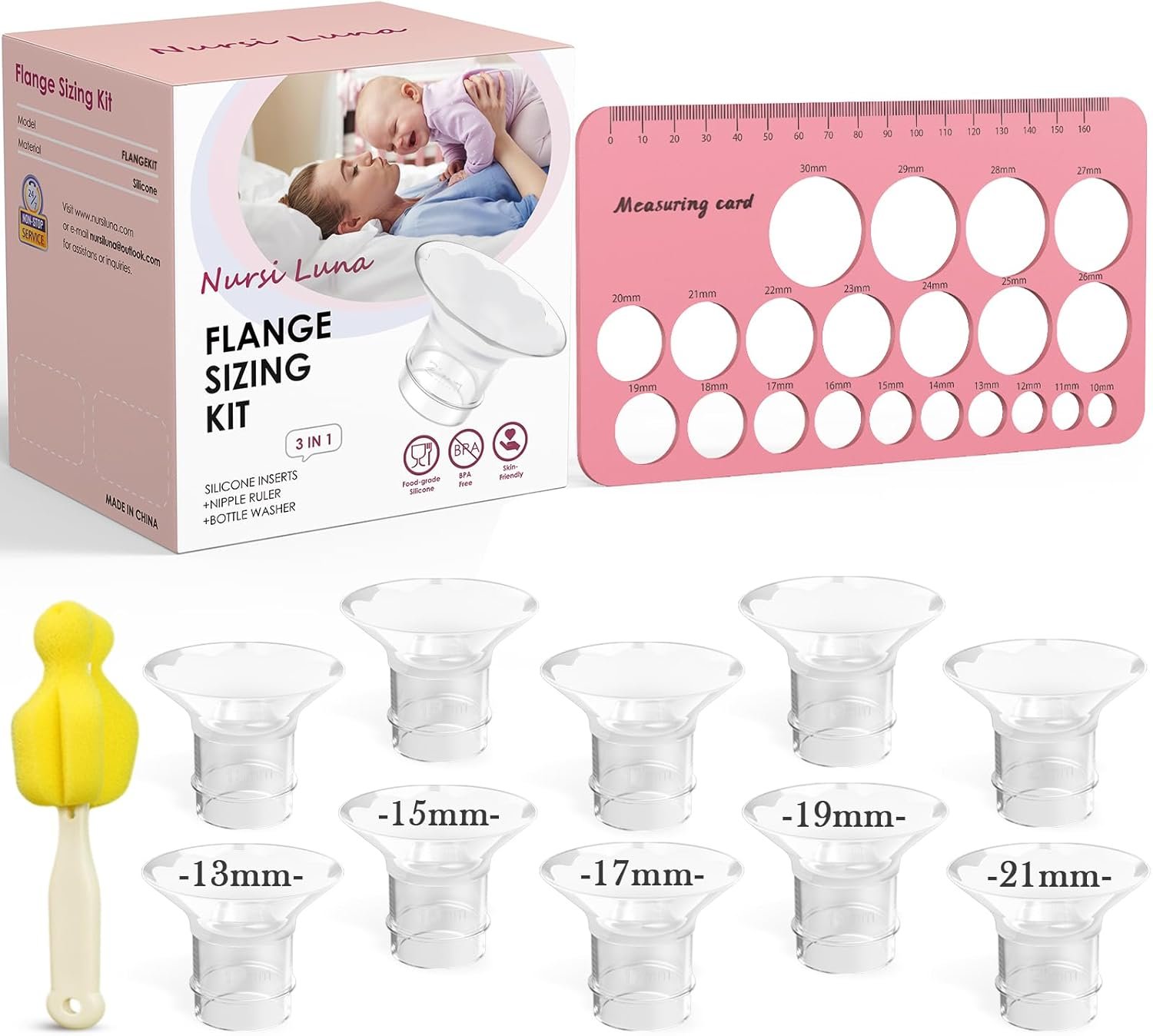 Nursi Luna Flange Sizing Kit 3-in-1 with 13/15/17/19/21mm for 24mm Electric Breast Pump Flanges/Shields, 10PCS Soft Silicone Flange Inserts for More Comfortable Pumping, BPA-Free, Essential for Moms