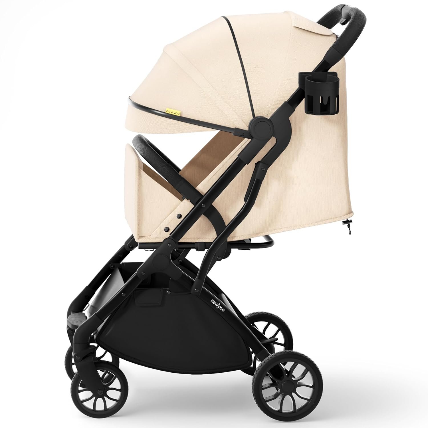 newyoo Baby Travel Stroller, Compact & Lightweight Infant/Toddler Stroller with Retractable Handle, Cup Holder, One-Hand Easy Fold, Near Flat Recline Seat, GlideTow TR18M, Almond