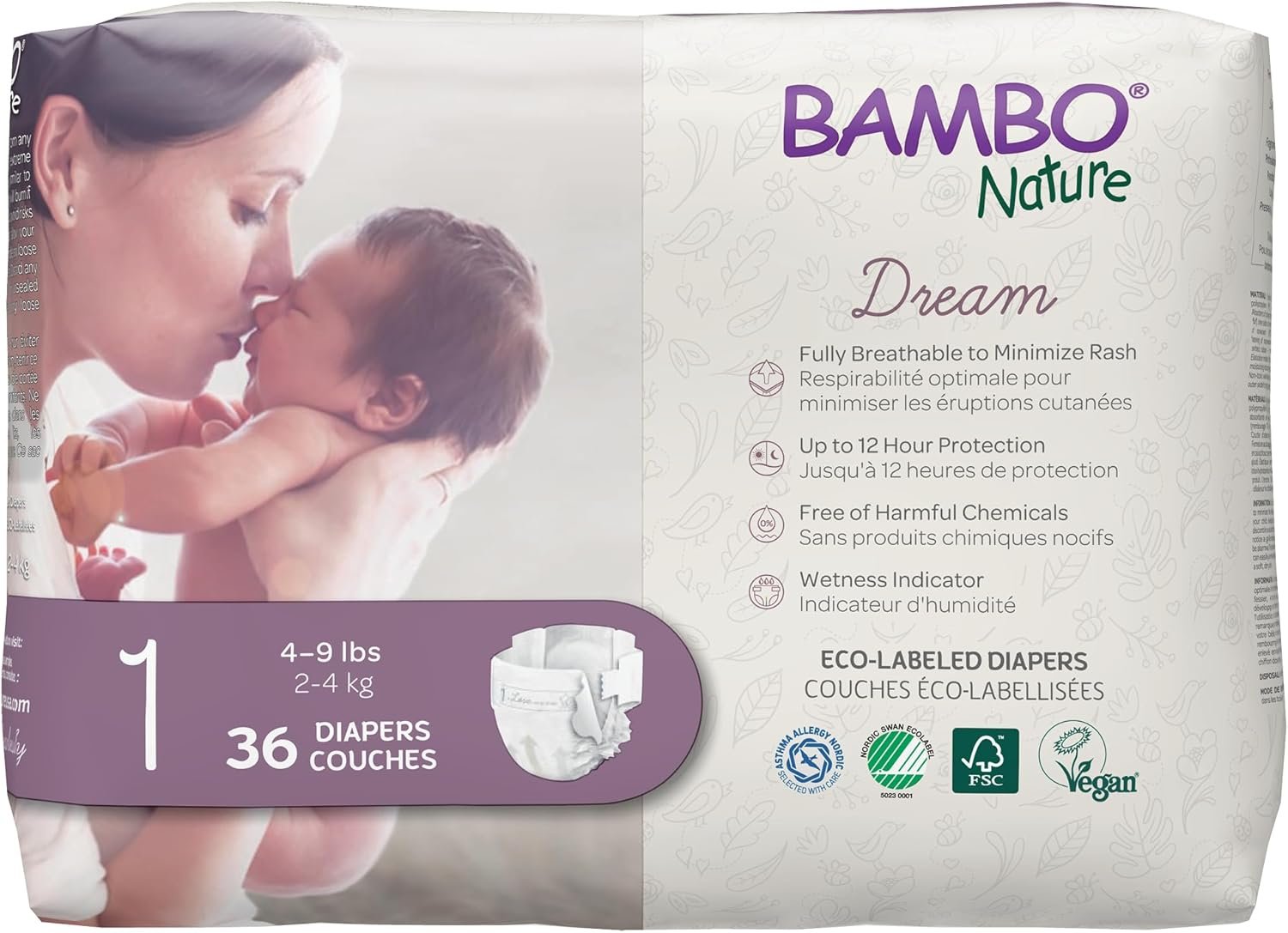 Bambo Nature Premium Eco-Friendly Baby Diapers, Size 1 (4-9 Lbs), 36 Count