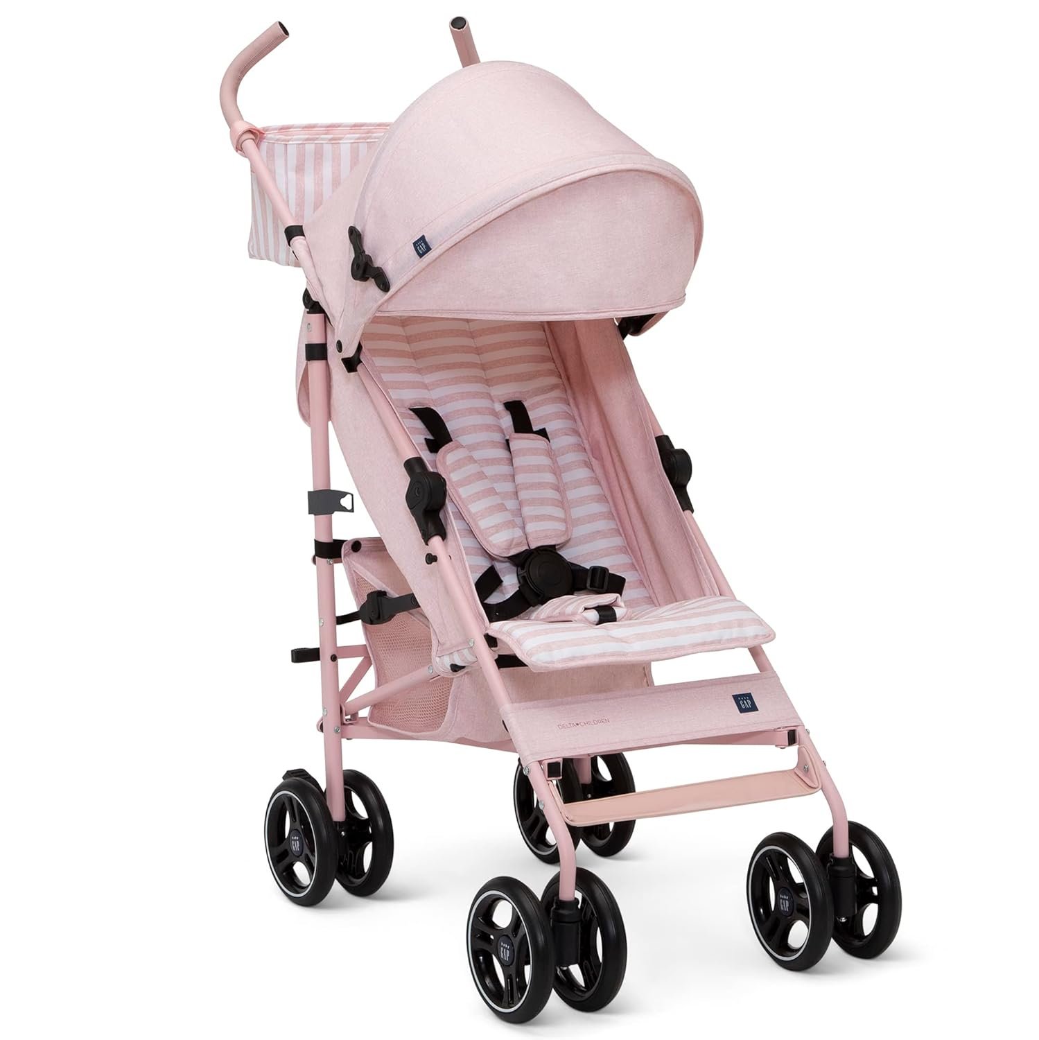 babyGap Classic Stroller – Lightweight Stroller with Recline, Compact Fold & Removable Parent Organizer – Made with Sustainable Materials, Pink Stripes