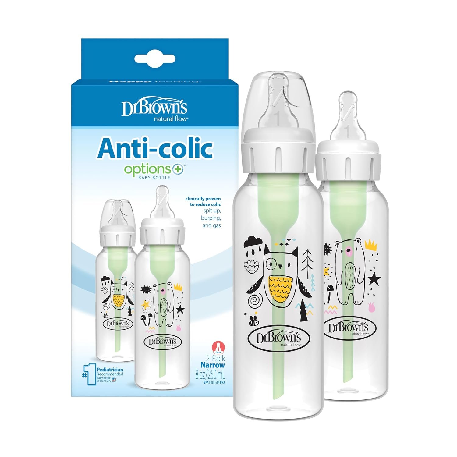 Dr. Brown’s Natural Flow Anti-Colic Options+ Narrow Baby Bottle, Bear and Owl, 8 oz/250 mL, with Level 1 Slow Flow Nipple, BPA Free, 0m+, 2-Pack