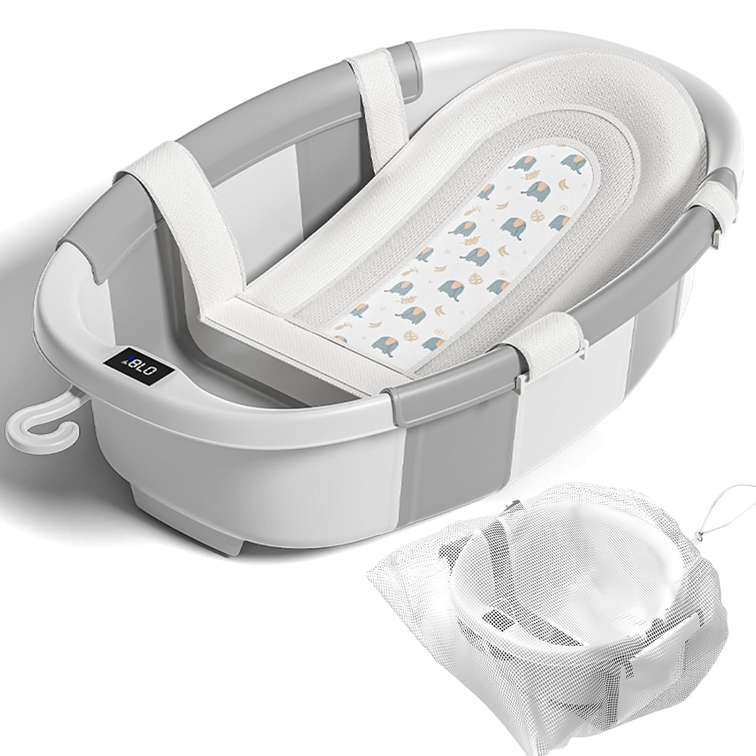 Collapsible Baby Bathtub with Soft Cushion and Thermometer, Newborn to Toddler Tub 0-36 Months with Toy Storage Mesh Bag, Portable Travel Bath for Infants (Grey)