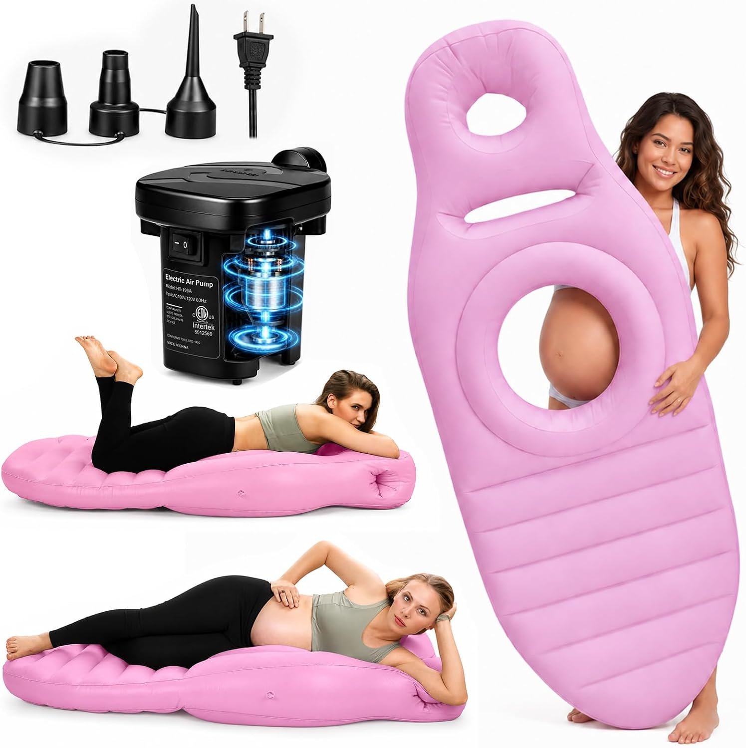 Inflatable Pregnancy Pillow, Full Body Ergonomic Maternity Air Bed with Belly Space for Prone Comfort & Better Sleep, Back & Hip Relief, Ideal for Bedroom, Living Room, Pool, Massage & Spa (Pink)