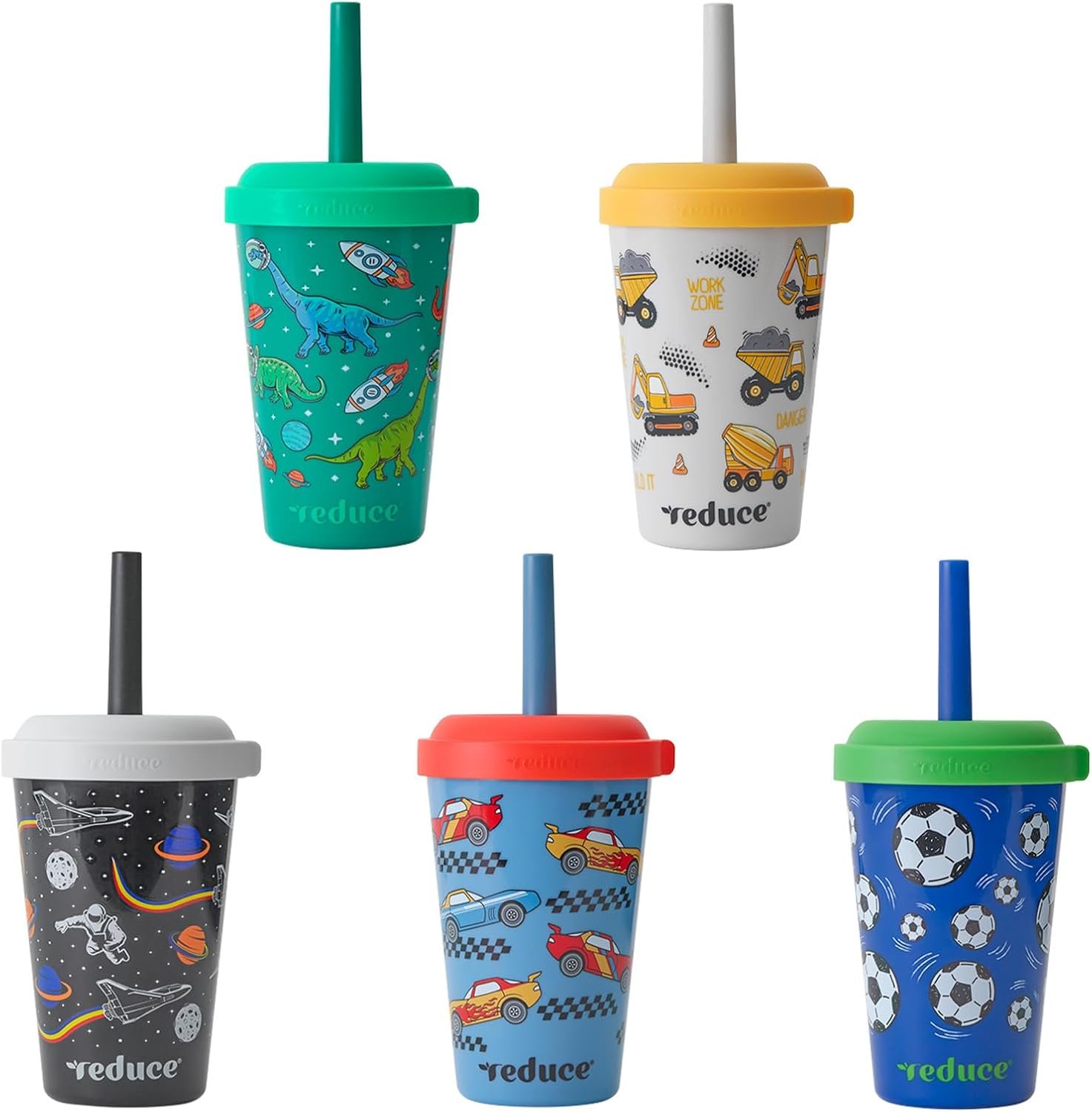 REDUCE GoGo’s Kids Portable Tumbler Cups with Lids and Spill-Proof Straws – 5 Pack of Stackable 12 oz Tumblers with Twist-On Lids – Easy Storage, Dishwasher Safe – New Explorer
