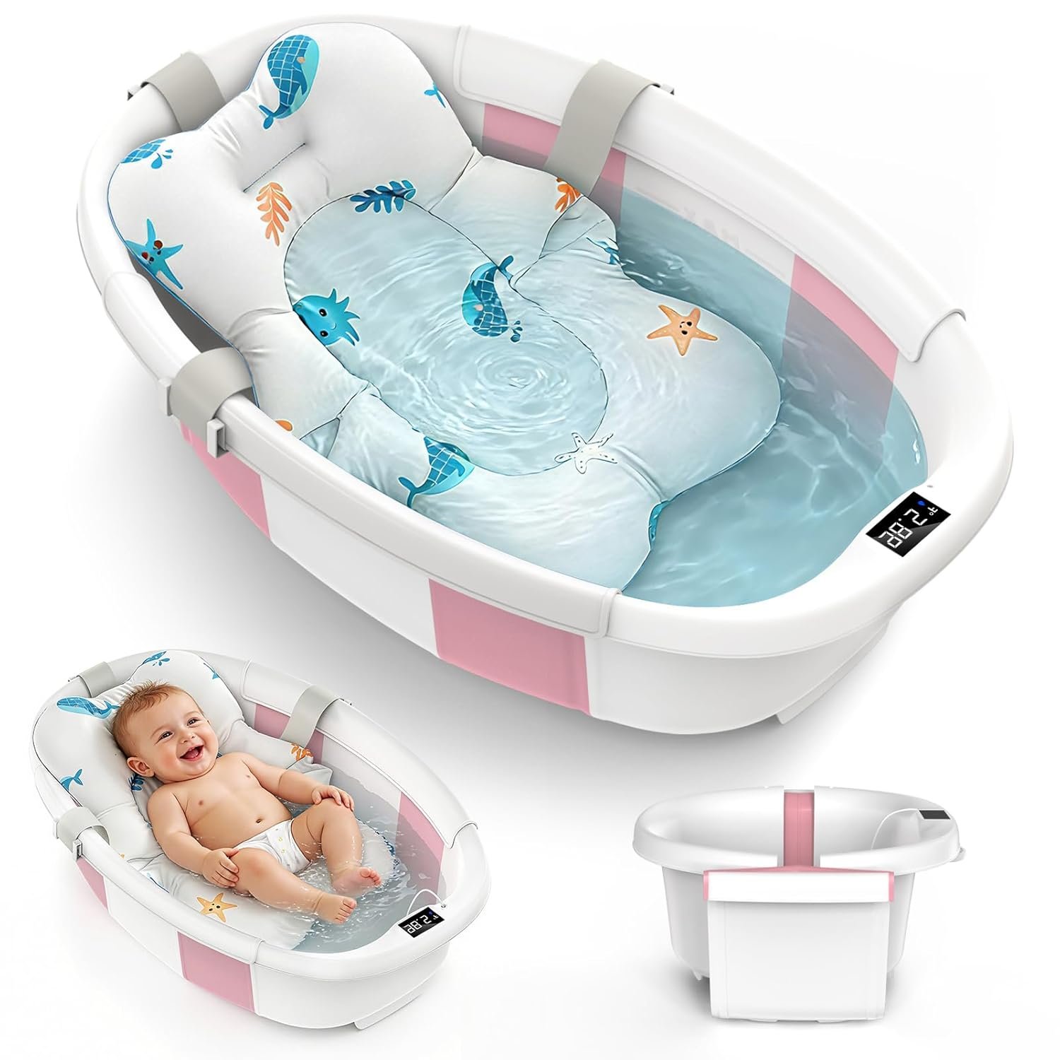 Collapsible Baby Bathtub for Newborn to Toddlers 0-36 Months, Large Baby Tub with Thermometer & Cushion, Easy Setup Foldable Travel Infant Bathtub, Newborn Babies Boy Girl Bath Tubs Pink