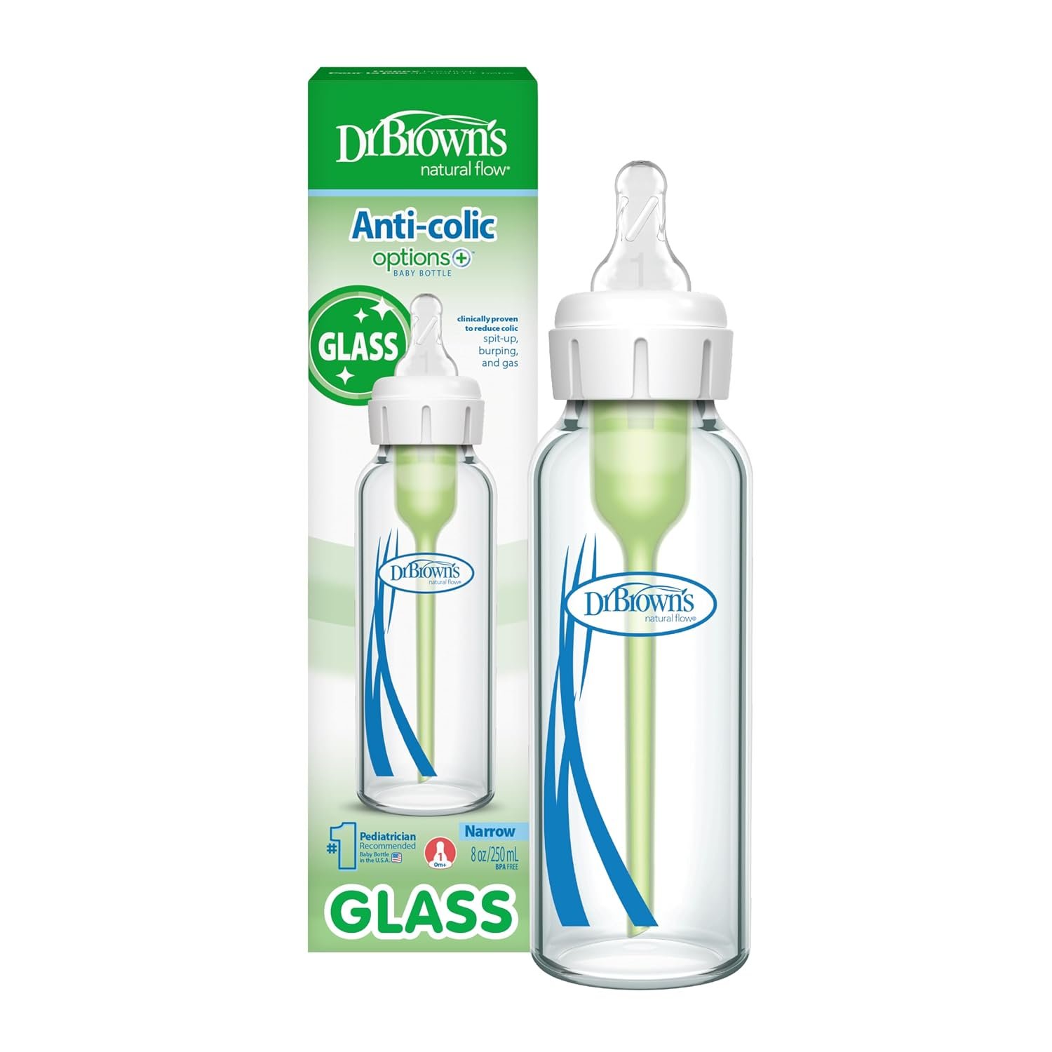 Dr. Brown’s Anti-Colic Options+ Narrow Glass Baby Bottle with Level 1 Slow Flow Nipple, BPA-Free, 8 oz/250 mL, 0m+, 1-Pack (Packaging May Vary)