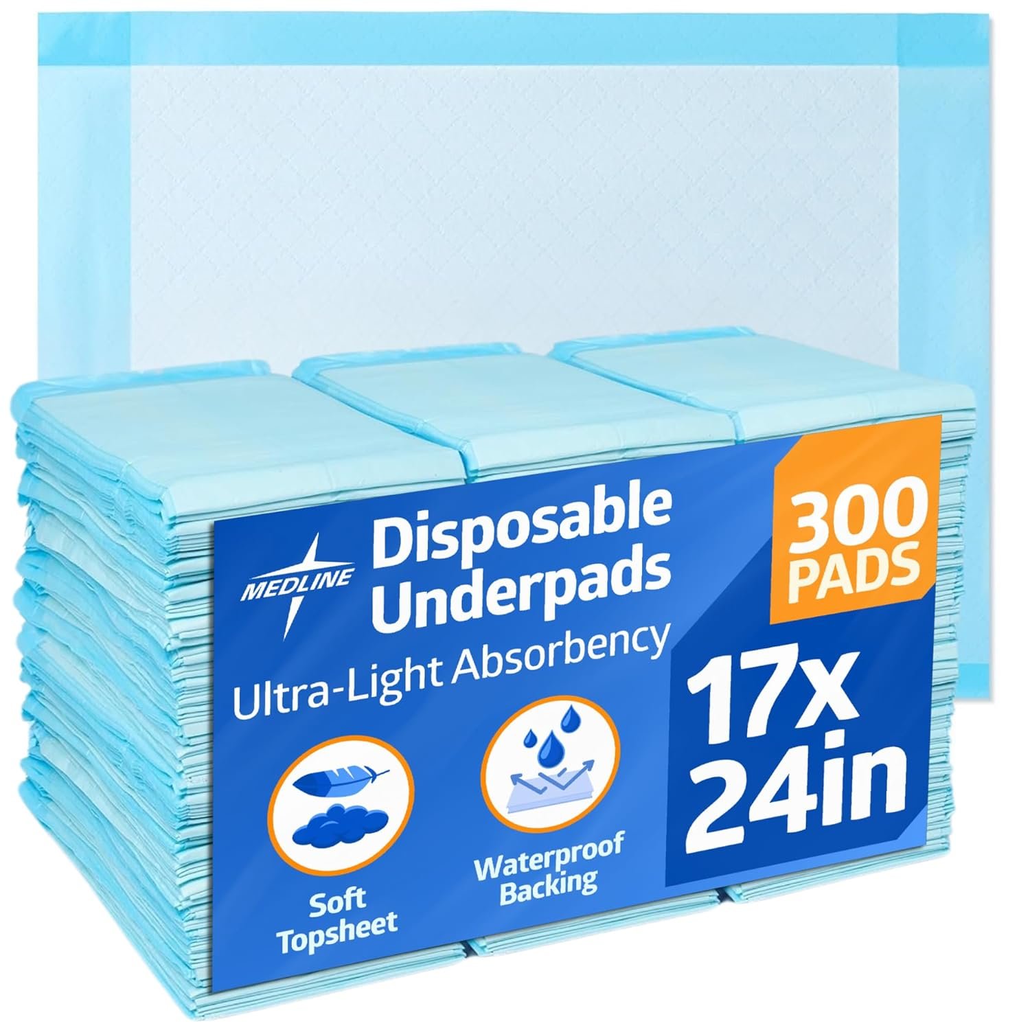 Medline Light Absorbency Underpad, 17″ x 24″, 300 Count, Disposable Chucks, Bed, Furniture & Surface Protection, For Kids, Adults, Elderly, Puppy Pad, Changing Pad, Incontinence Pee Pad