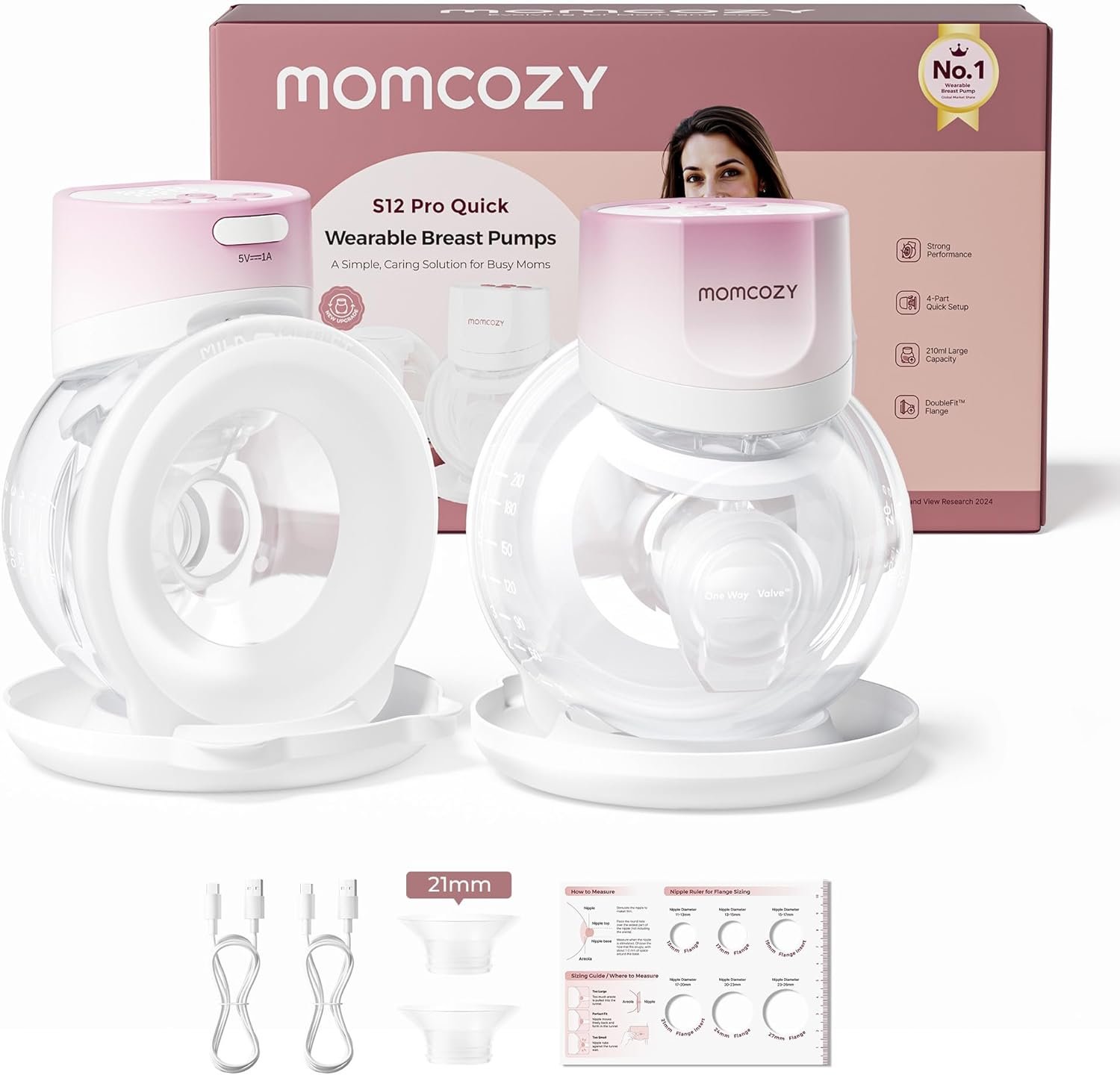Momcozy Breast Pump S12 Pro Quick, Hands-Free Wearable & Wireless Pump, with DoubleFit Hybrid Flange, 3 Modes & 9 Levels Electric Pump Portable, Smart Display, 24mm Flange, 2 Count, Cozy Pink