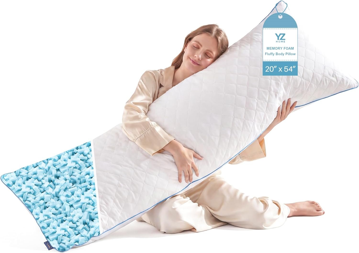 YZ HOME Long Body Pillow for Adults, Firm Body Pillow Shredded Memory Foam, Adjustable Height,Support for Side Sleeping & Pregnant Women(White, 20×54 Inch)
