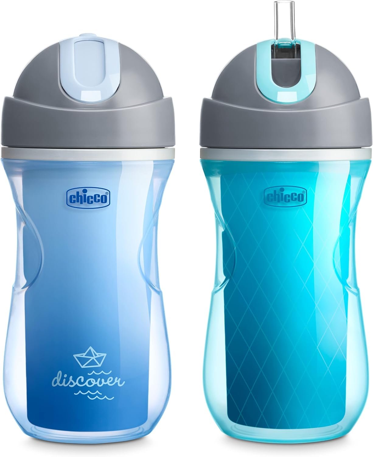 Chicco Insulated Straw Sippy Cup 12+ Months, 9oz Toddler Training Cup with Spill-Free Flip-Top Lid, BPA-Free 2-Pack, Blue Discover/Teal