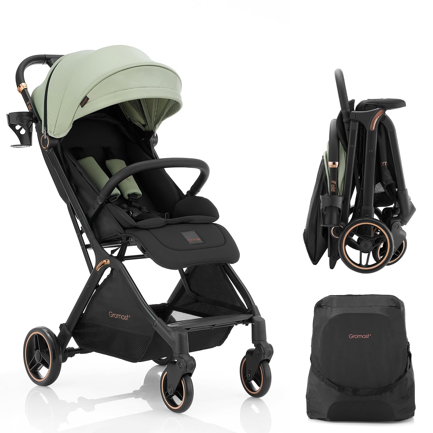 Gromast Gravity Folding Baby Stroller – Portable Travel Toddler Stroller w/Adjustable Backrest, Canopy & Cup Holder, Lightweight and UV Protected, One-Hand Automatic Folding – Green