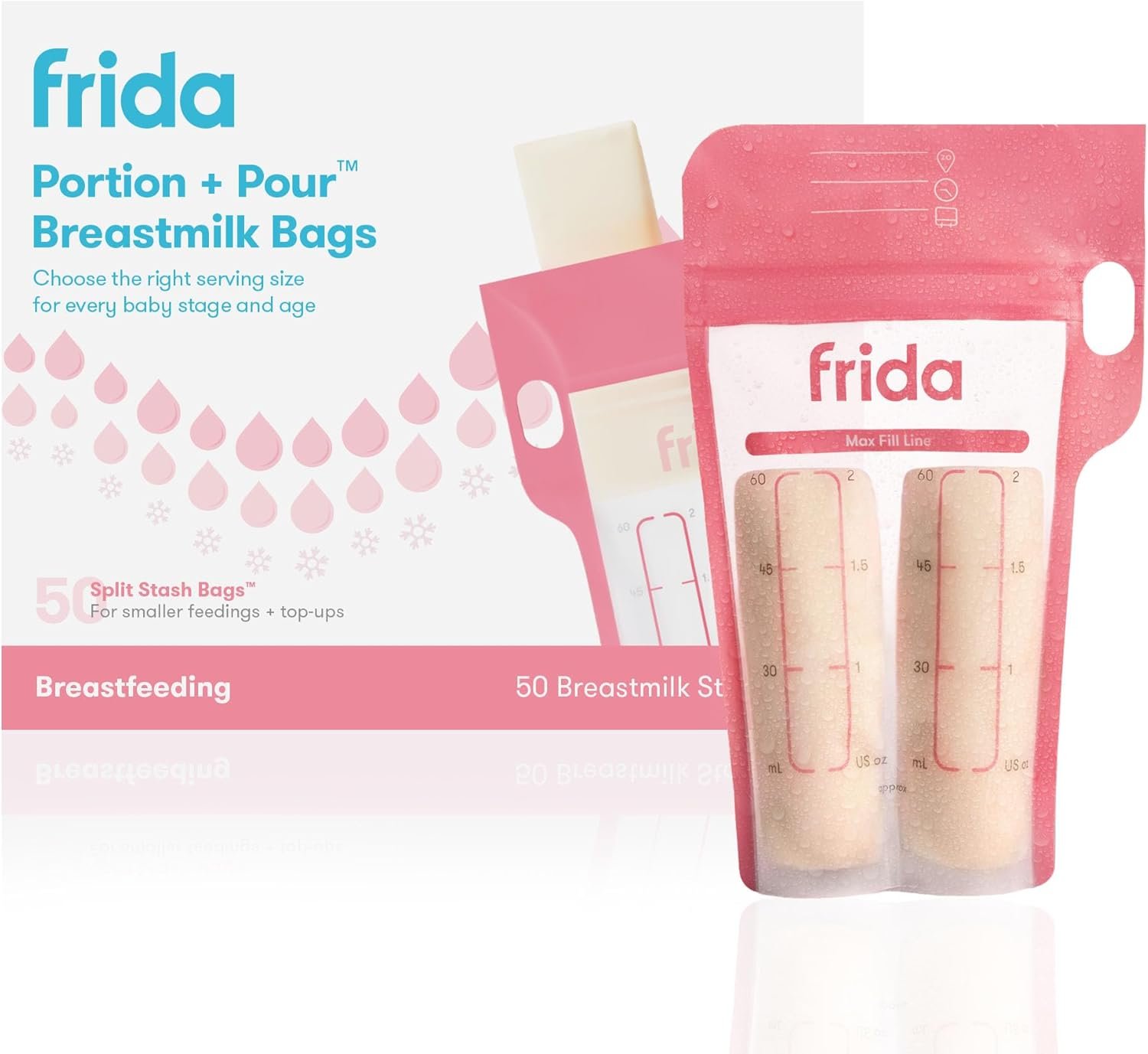 Frida Mom Breastmilk Storage Bags, 50ct Splitstash Freeze & Thaw Milk Bags for Breastmilk, Splits Bag into Two 2oz Portions, Leakproof Seal, Perfect Pour Spout, No Slip Finger Grip, BPA Free, 4oz Bag