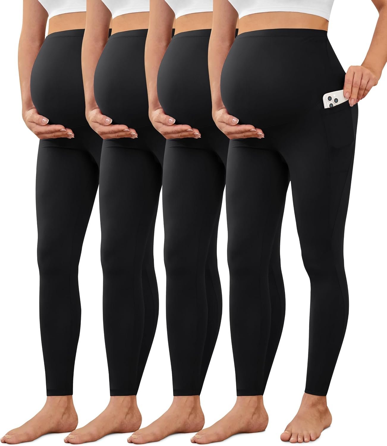VALANDY Creamlush 4 Pack Maternity Leggings with Pockets, Over Belly Buttery Soft Pants for Yoga, Lounge, Daily Wear