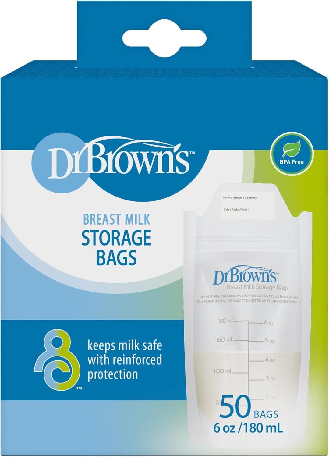 Dr. Brown’s Breast Milk Storage Bags, Disposable and Durable Bags for Freezing & Heating Breast Milk, (50ct) 6 oz Bags, BPA free