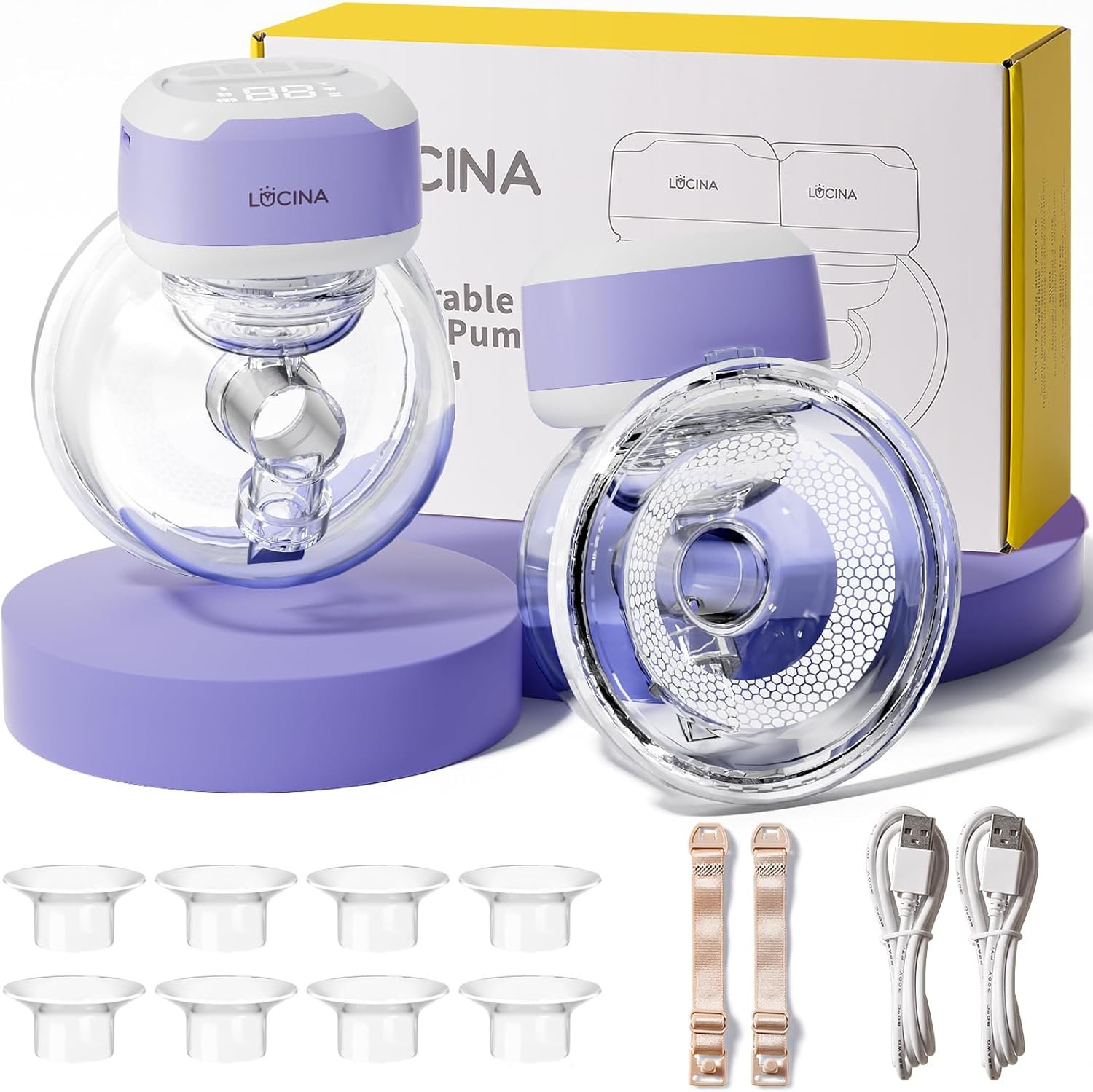 Wearable Breastfeeding Pump Hands Free of Long Battery Life, Portable Electric Wireless Breast Pump with 3 Modes and 9 Levels, LED Display, 16/18/20/22/24mm Flanges & Inserts, 2 Pack (Purple)