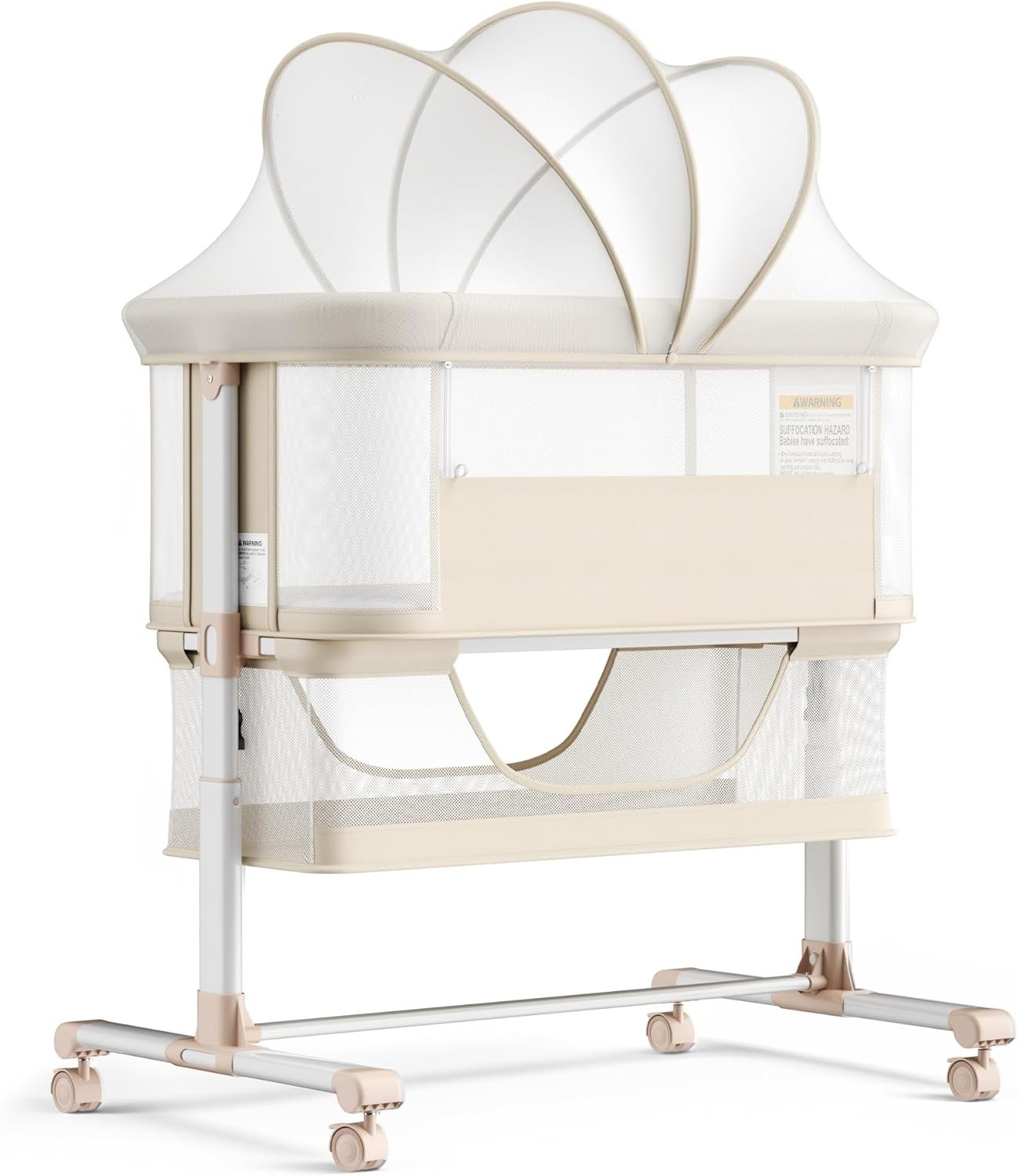 Kinder King Baby Bassinet Bedside Sleeper, Newborn Baby Bedside Crib w/Storage, Mosquito Net & Lockable Wheels, All-Sided Mesh, Adjustable Height, Removable Soft Mattress, No Tool to Assemble, Beige