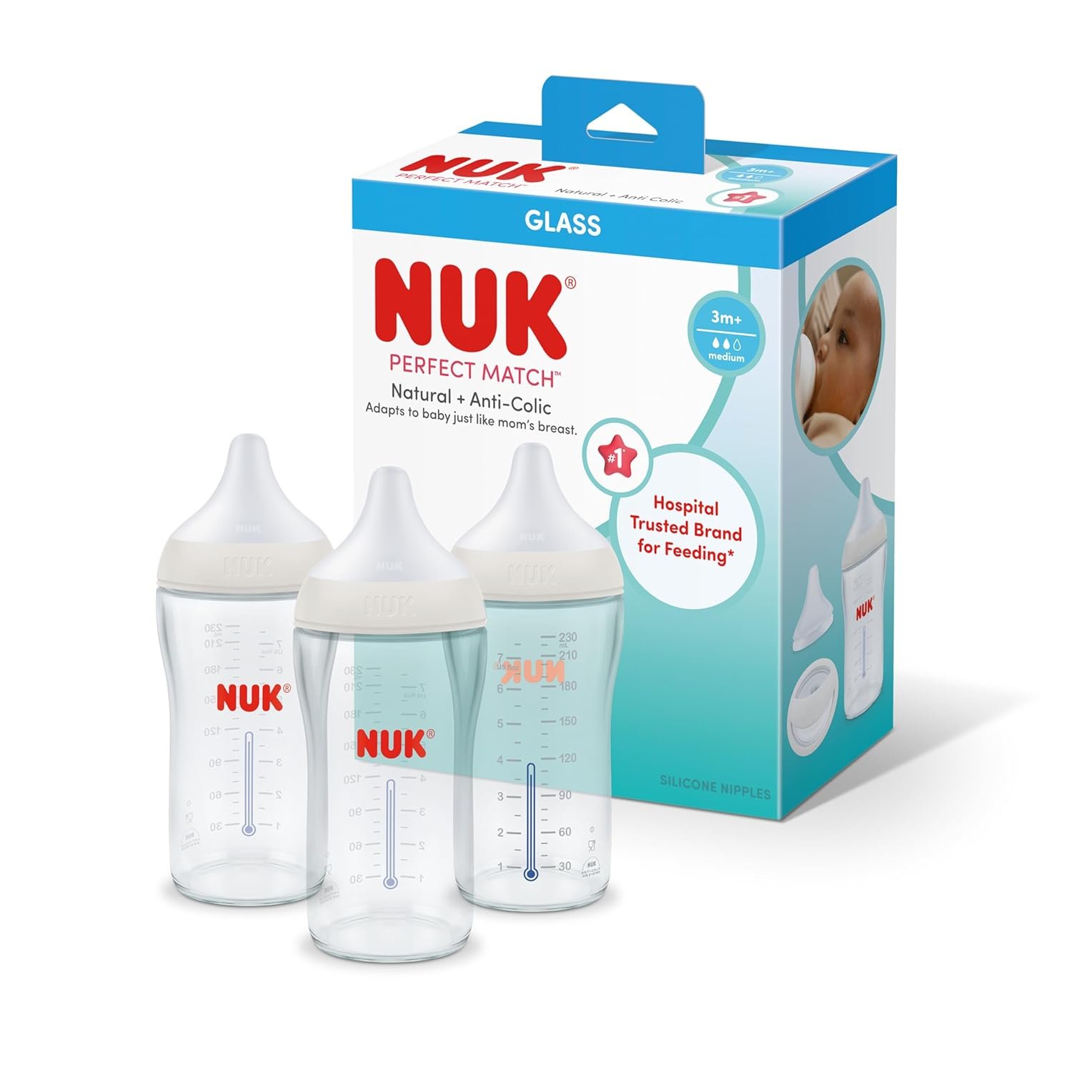 NUK Perfect Match Glass Natural + Anti-Colic Bottle, 8 oz, 3 Pack