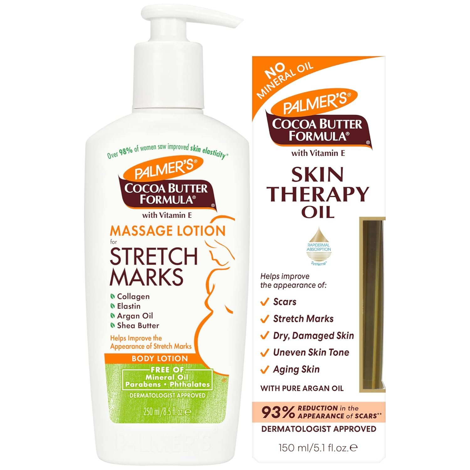 Palmer’s Stretch Mark Care Body Lotion + Body Oil Bundle, Cocoa Butter Formula with Vitamin E Skin Care for Pregnant Women, Includes 1 Massage Oil (5.1 fl oz) and 1 Massage Lotion (8.5 fl oz)