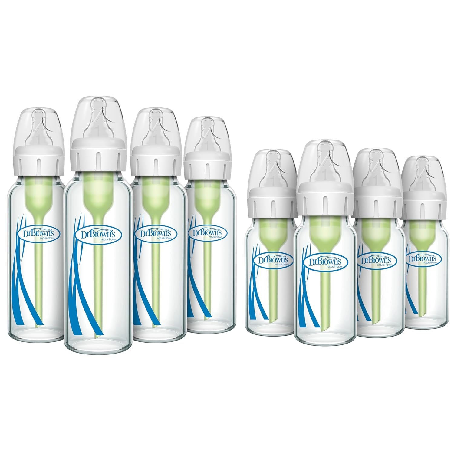 Dr. Brown’s Anti-Colic Options + Narrow Glass Baby Bottle with Level 1 Slow Flow Nipple, BPA-Free, 0m+, 4 oz/120mL, 4-Pack + 8oz/250mL, 4-Pack
