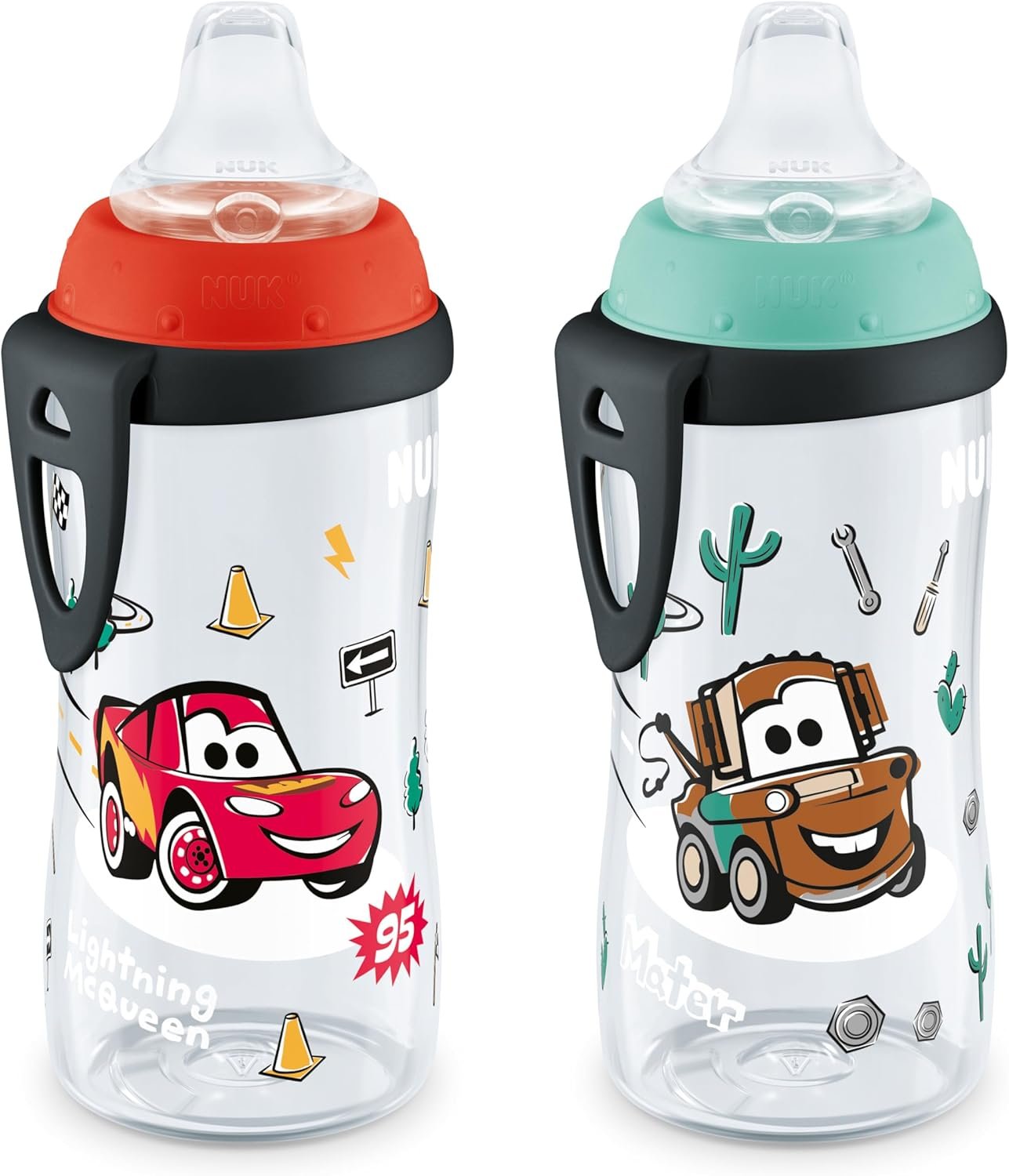NUK Active Sippy Cup, 10 oz, 2 Pack, Disney’s Cars, Lightning McQueen, BPA-Free, Spill-Proof, Transition Cup