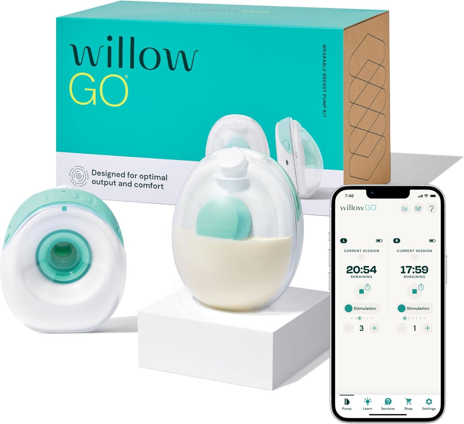 Willow Go Wearable Breast Pump, Hands Free Double Electric Breast Pump, Wireless In-Bra Design with 15 level Hospital Grade Suction, includes 24mm & 21mm Flanges & 5oz Reusable Containers, App enabled