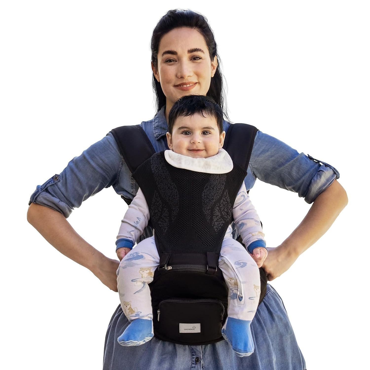 Grownsy 3D Knit Baby Carrier with Hipseat, Ultra Breathable, Flexible Fit, Safety Certified, Plus Size Friendly, Ideal for Comfortable Baby Wearing, Newborn to Toddler 7-50lbs