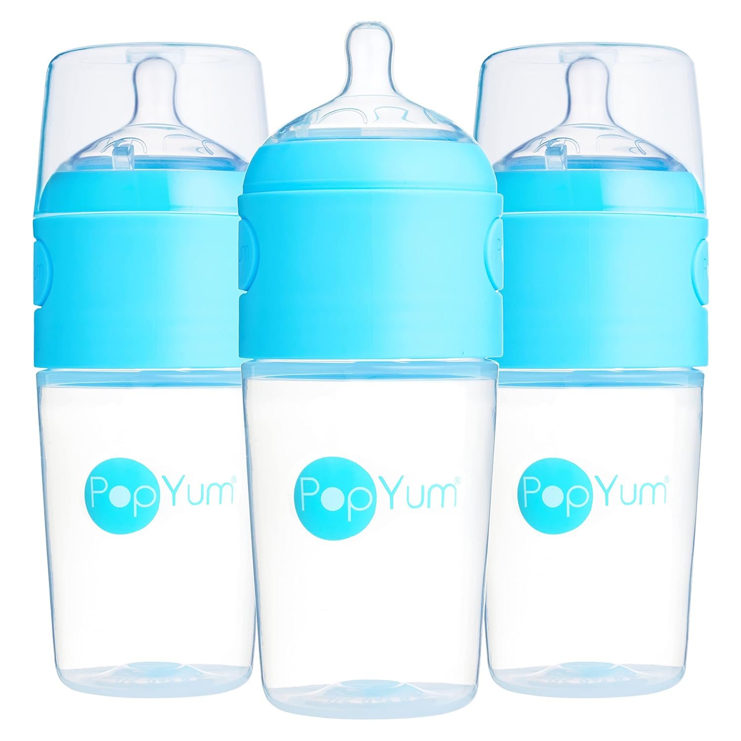PopYum 9 oz Blue Anti-Colic Formula Making Baby Bottles, 3-Pack | #2 Medium Flow Nipples, 260 ml, BPA-Free, Natural Latch, Mixing Dispenser