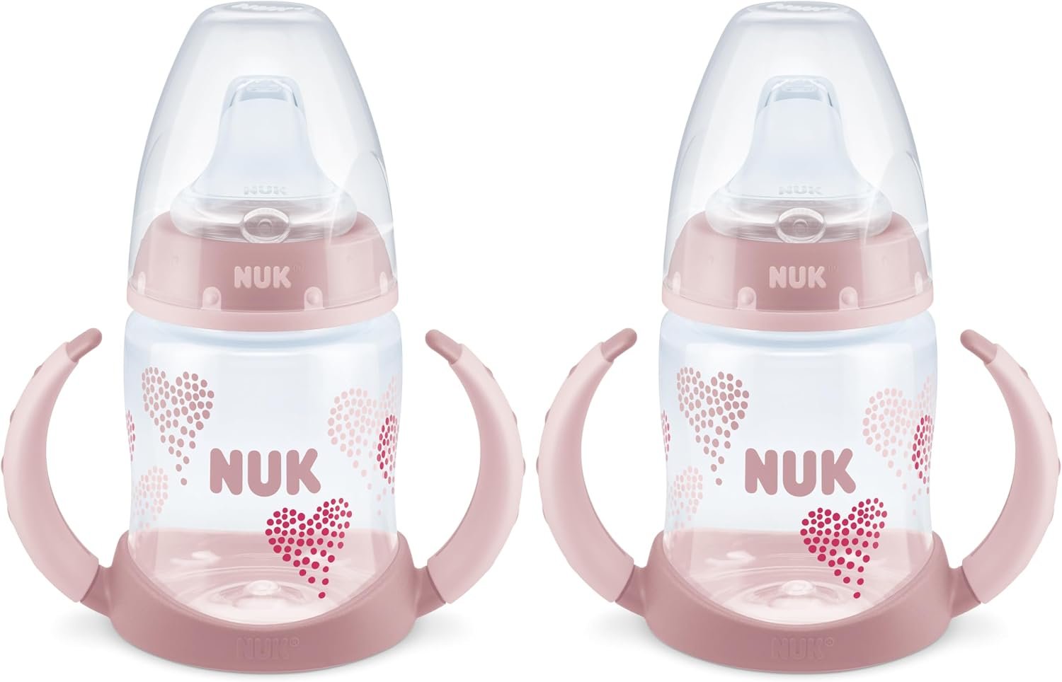 NUK Learner Cup, 5 Oz, Pack of 2, Pink Hearts, Soft Spout, Easy-Grip Handles, BPA Free, Spill Proof, Transition Sippy Cup