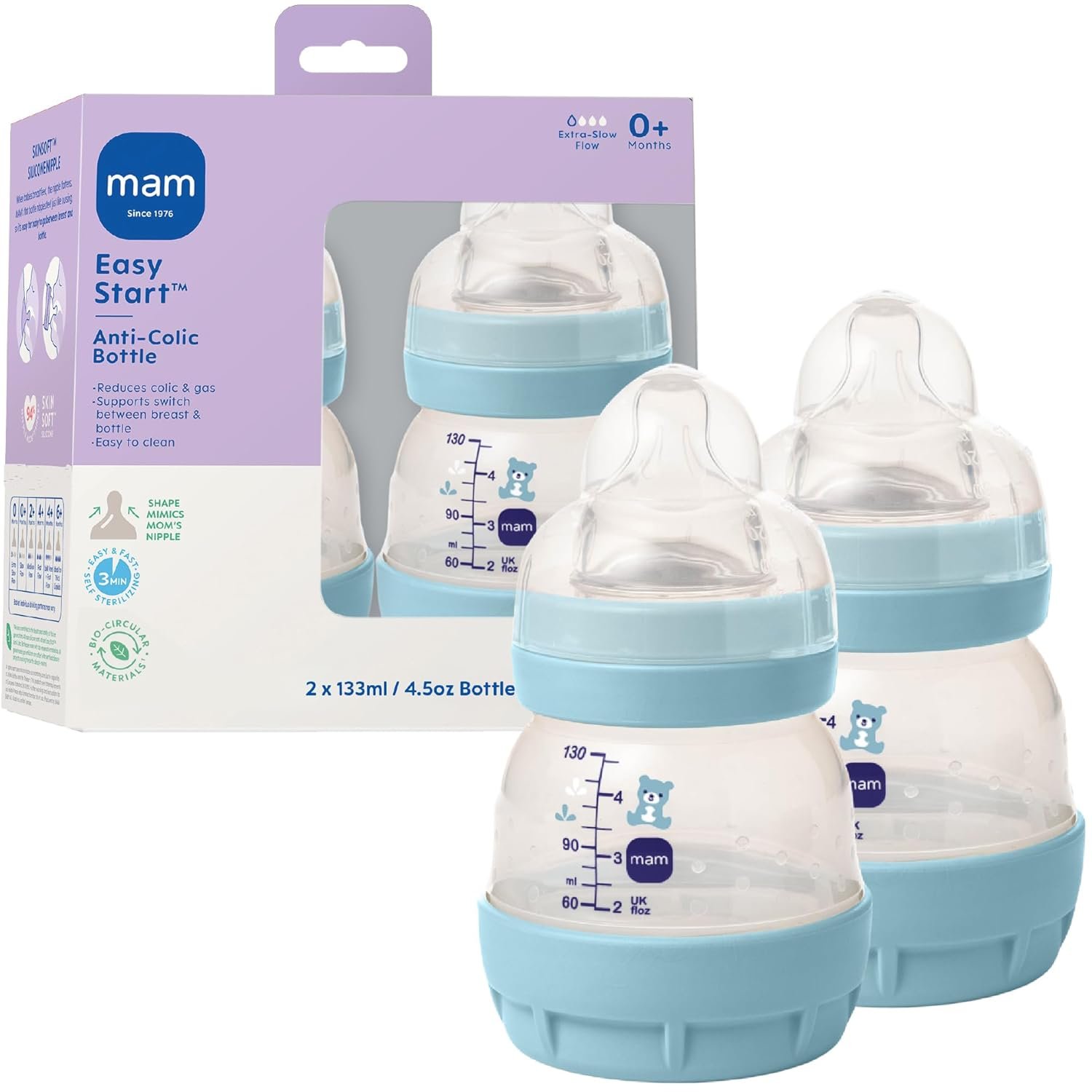 MAM 4.5oz Easy Start Anti-Colic+ Wide Neck Vented Baby Bottle, Extra Slow Flow Breastfeeding-Like Silicone Nipple, Reduces Colic, Gas & Reflux, Easy Clean, BPA Free, 0+ Months, Boy