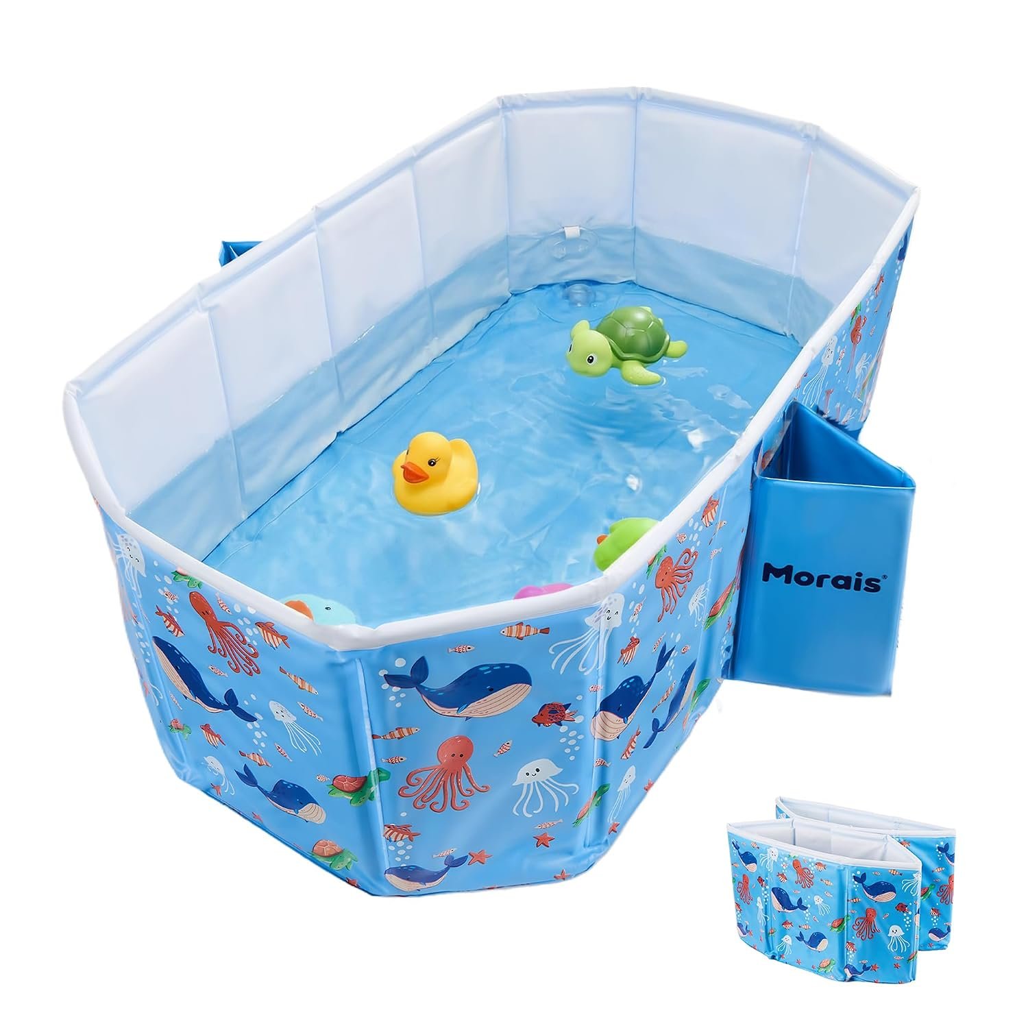 MORAIS Baby Bathtub Collapsible & Portable, Foldable Toddler Bath Tub with Dual Drain Plug and Padded Bottom, Travel & Shower Ready, Easy to Clean, Space-Saving Tub, 12 Months+