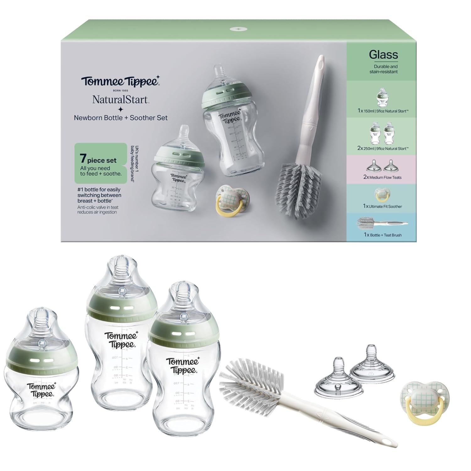 Tommee Tippee Natural Start Glass Newborn Starter Set, 150ml and 250ml Anti-Colic Baby Bottles, Slow and Medium Flow Breast-Like Teats for a Natural Latch, Self-Sterilising