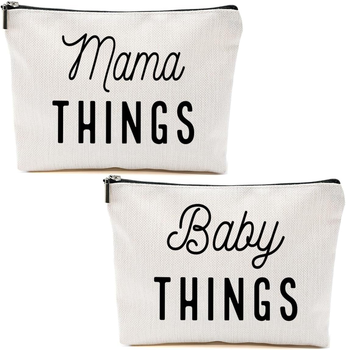 2PCS Mama and Baby Things Makeup Bags,New Mom Gift,Mom and Baby Cosmetic Pouches,Canvas Zipper Organizer Bags for Diaper Bag Essentials & Pregnancy Hospital Bag,Parent-Child Travel Toiletry Organizers