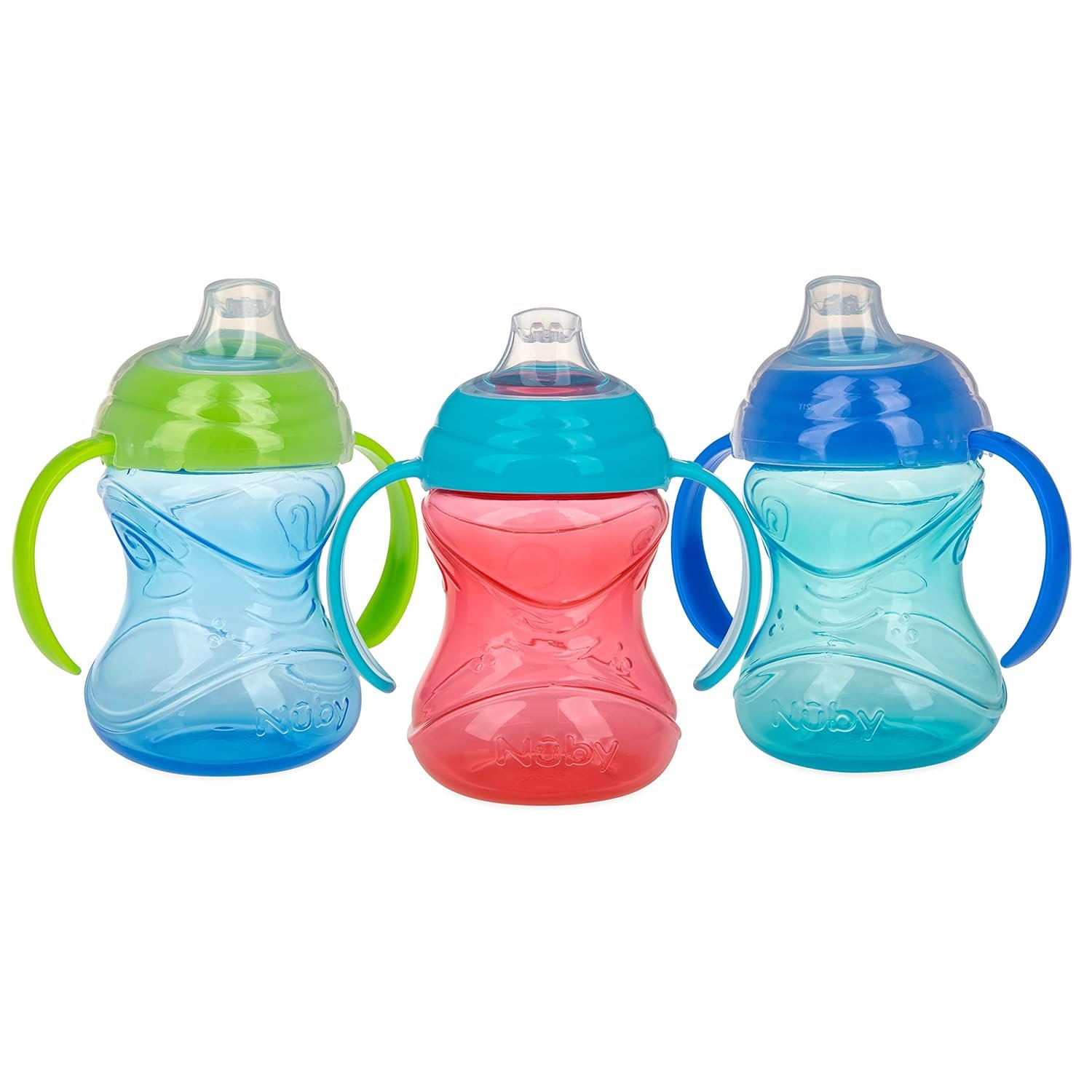 Nuby Clik-It Grip N’ Sip Soft Spout No-Spill Training Sippy Cup with Handles – (3-Pack) 10 oz – 4+ Months – Blue/Green/Red