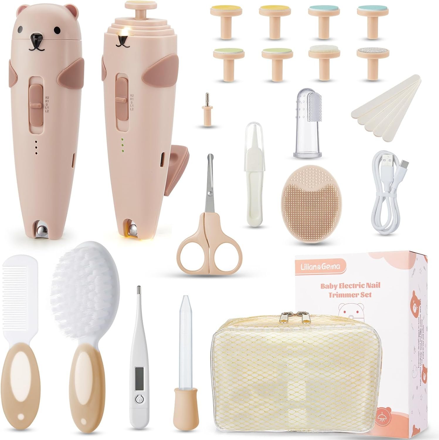 Lilian&Gema Baby Healthcare and Grooming Kit, 28-in-1 Rechargeable Nail Trimmer Electric Set, Dual Auto Light Baby Nail Care Kit, Portable Newborn Nursery Health Care Set for Infant Toddlers Boy Girl