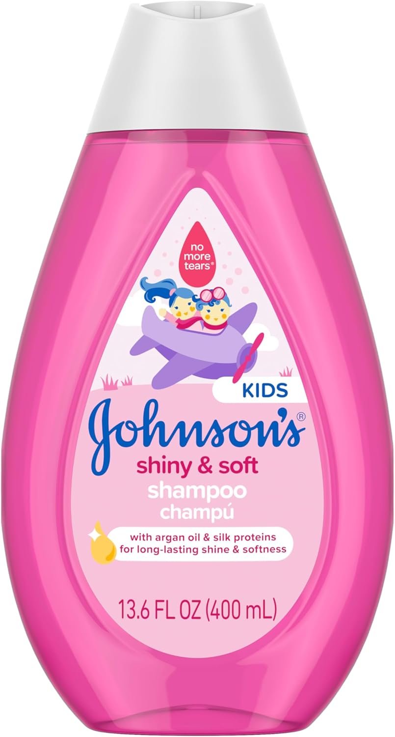 Johnson’s Shiny & Soft Kids’ Shampoo with Argan Oil & Silk Proteins, Daily Kids’ Hair Wash Gently Cleanses & Boosts Natural Shine & Softness, No Added Parabens & Sulfates, 13.6 fl. oz