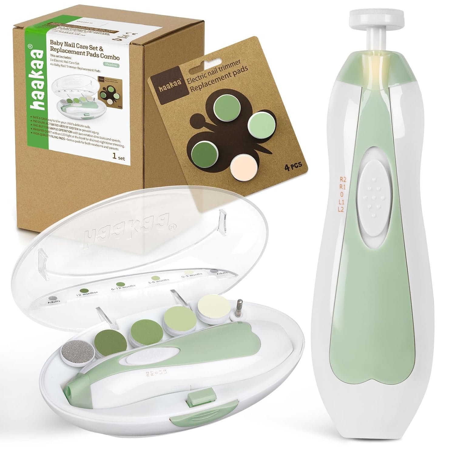 haakaa Baby Nail Trimmer Electric Baby Nail Clippers Kit for Newborn, Toddler or Adults Fingernails and Toenails Care, Baby Nail Care Set & Extra 4 Replacement Pads Combo – Meadow