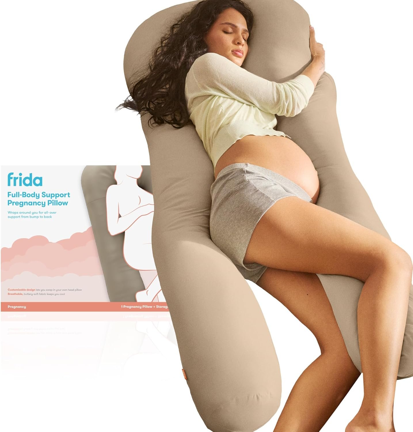 Frida Mom Full Body Support Pregnancy Pillow, Cooling Pregnancy Pillow, Wraps Around for All Over Support, Extended Length to Support from Head to Toe, Easy to Clean, Compact Storage Bag, Taupe