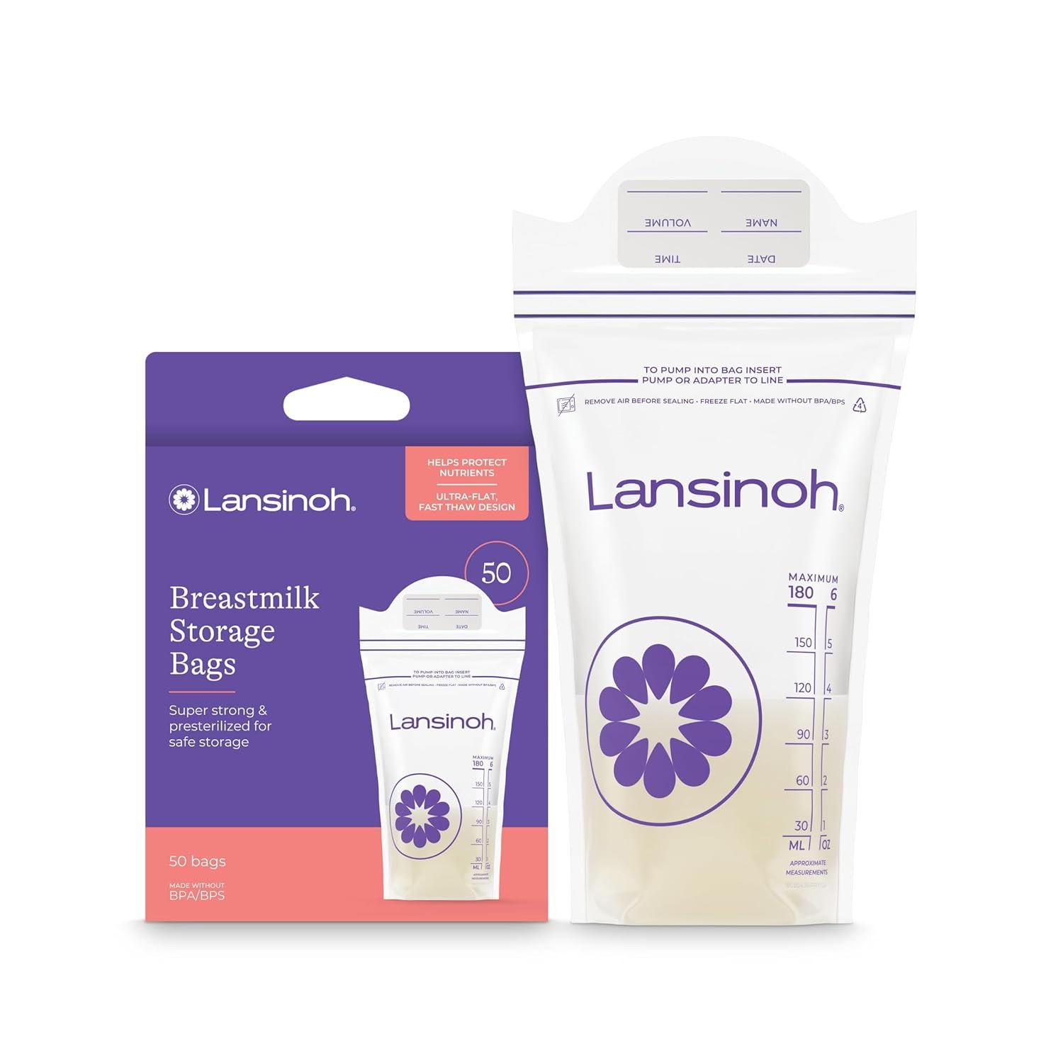 Lansinoh Breastmilk Storage Bags, 50 Count, Baby Essentials, Fast Freeze & Thaw Breast Milk Bags for Baby Bottle Feeding, Strength & Stretch, 6 Ounce